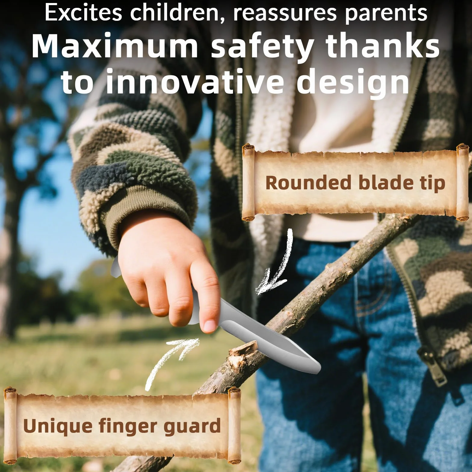 Cuchillo de Tallar para Niños, Navaja Pequeña Plegable con Funda y Guantes Anti-Corte – Juego de Tallado