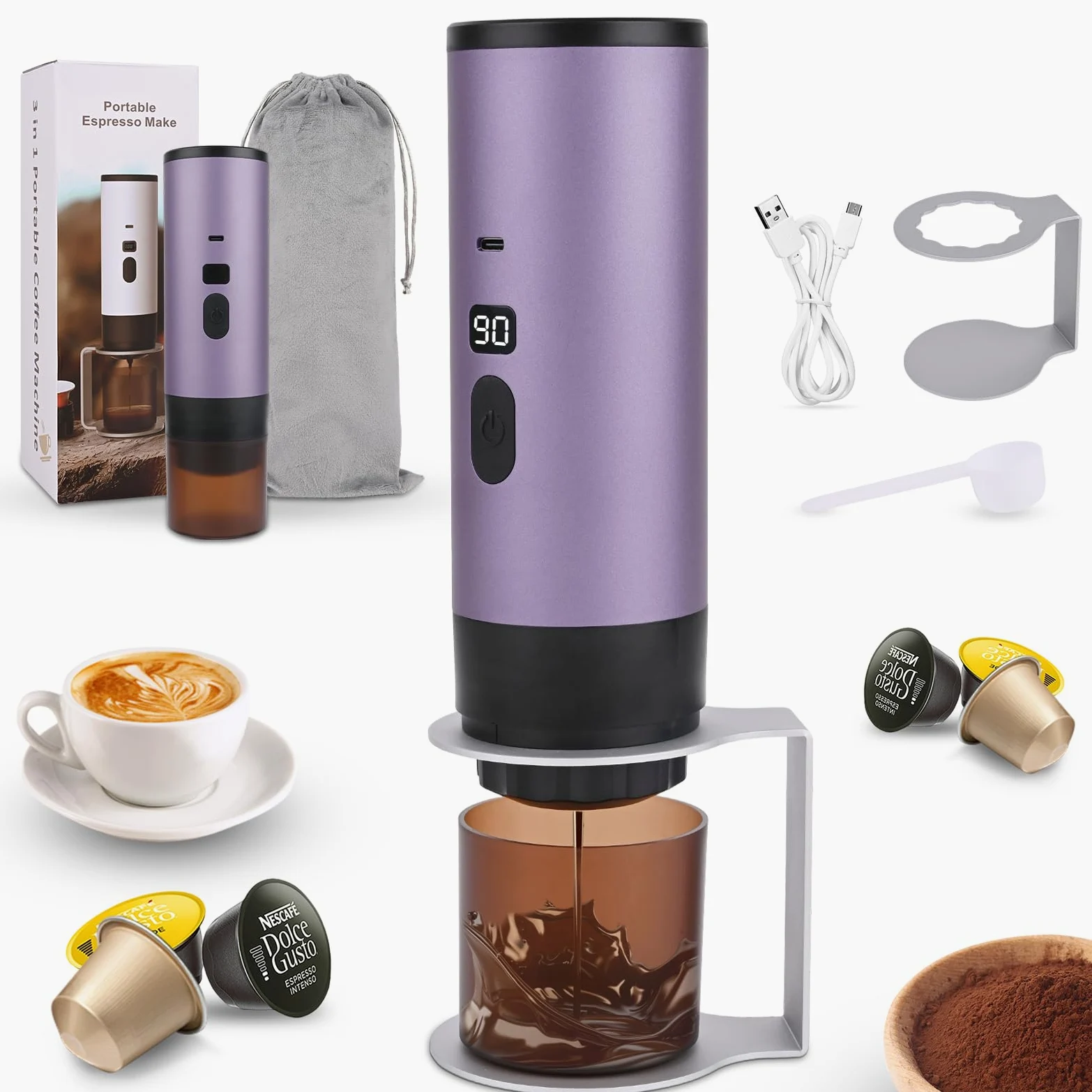 Euakee Cafetera Espresso Portátil,Eléctrica Cafetera Capsulas, 15Bar, 90ML, Compatible con NS/DG/Café Molido, Puede preparar 50 tazas de café para Camping para RV Senderismo Oficina