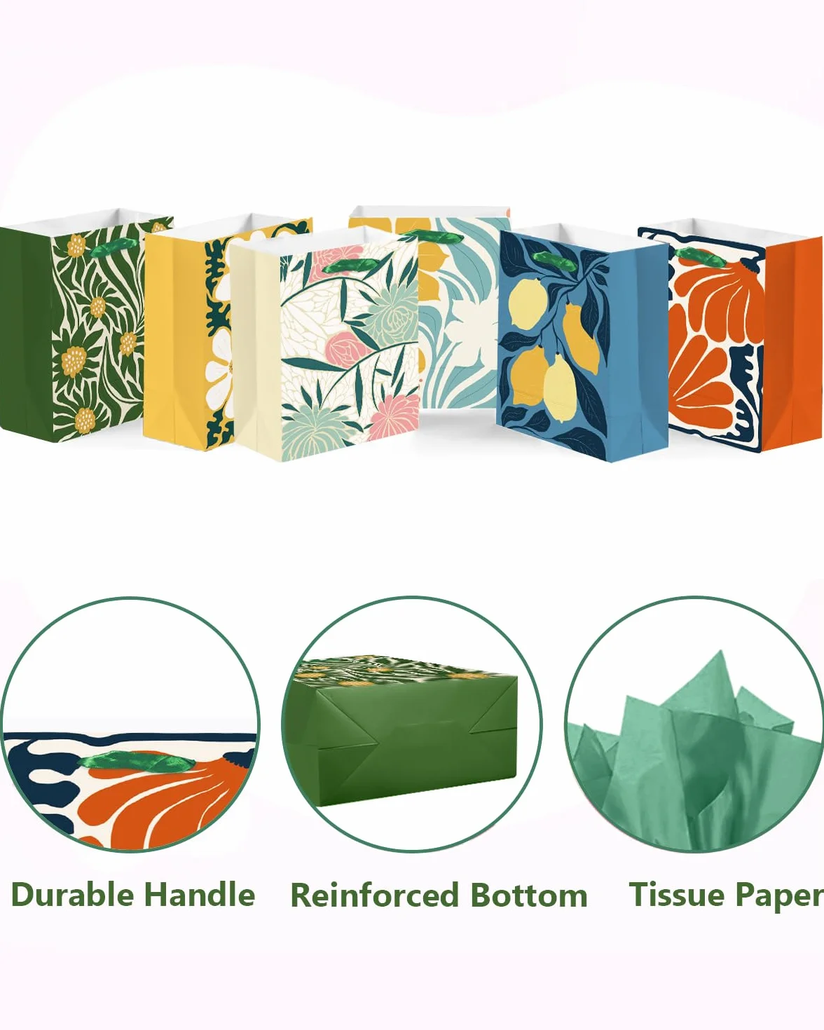 Gcardist 20,1 cm x 10,9 cm x 24,4 cm 6 unidades bolsas de regalo flores con asas de papel para papel de regalo de tamaño mediano (6 bolsas + 12 hojas de papel absorbente)