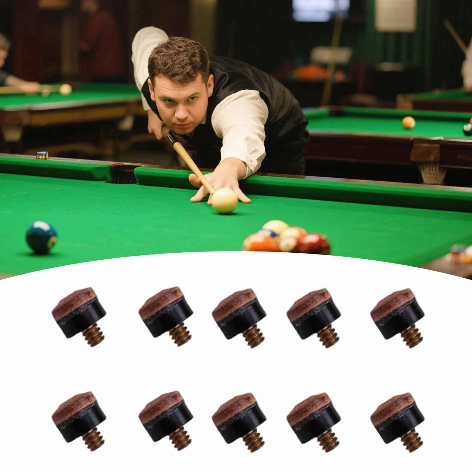 Set de 10 Puntas de Billar de 10 mm, Puntas de Cuero con Rosca de Metal para Tacos de Snooker y Billar, Fácil Instalación, Durabilidad Superior, Mejora el Control y Rendimiento en el Juego
