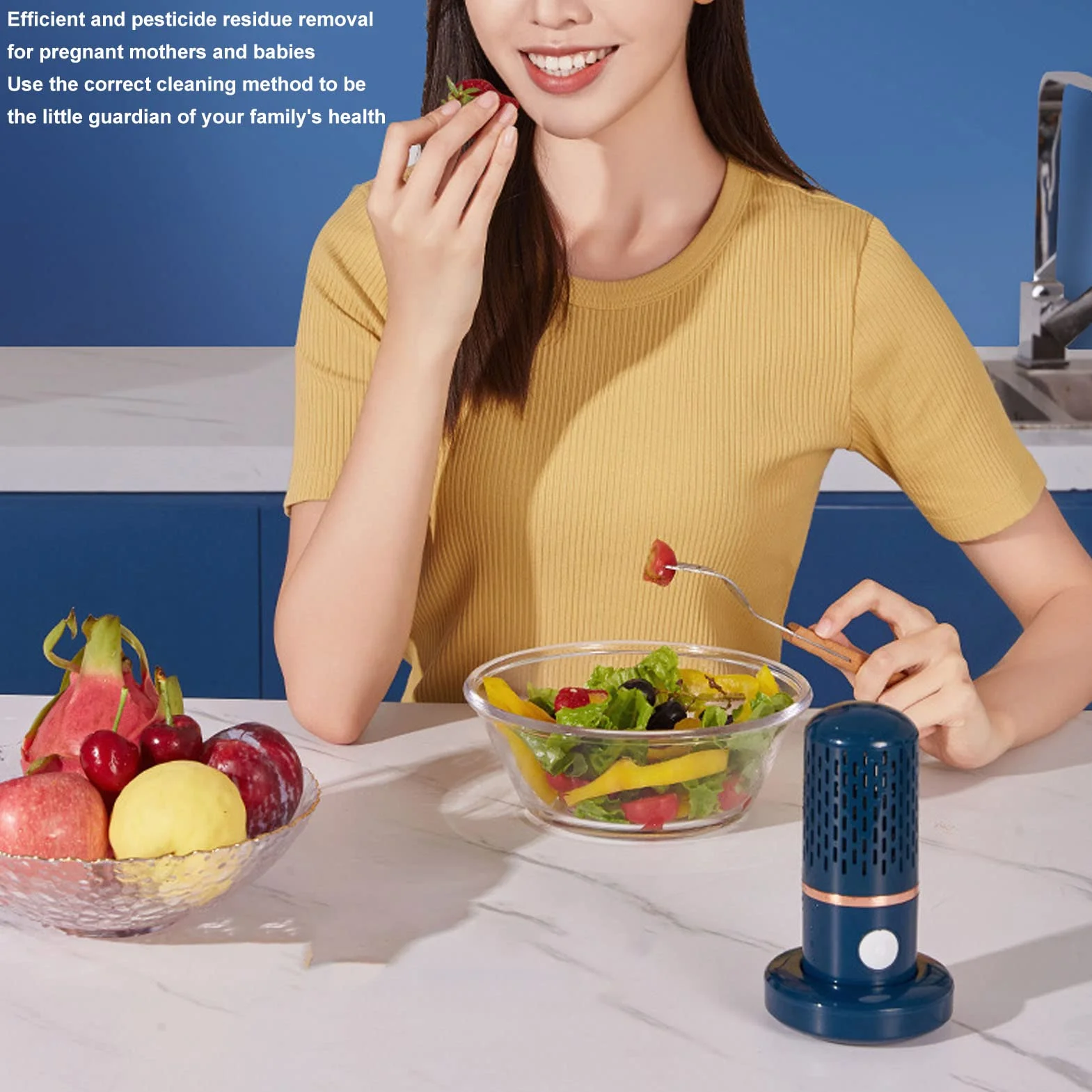 Lavadora y Purificador Portátil de Frutas y Verduras, Forma de Cápsula Mini, Carga USB Inalámbrica (Azul)