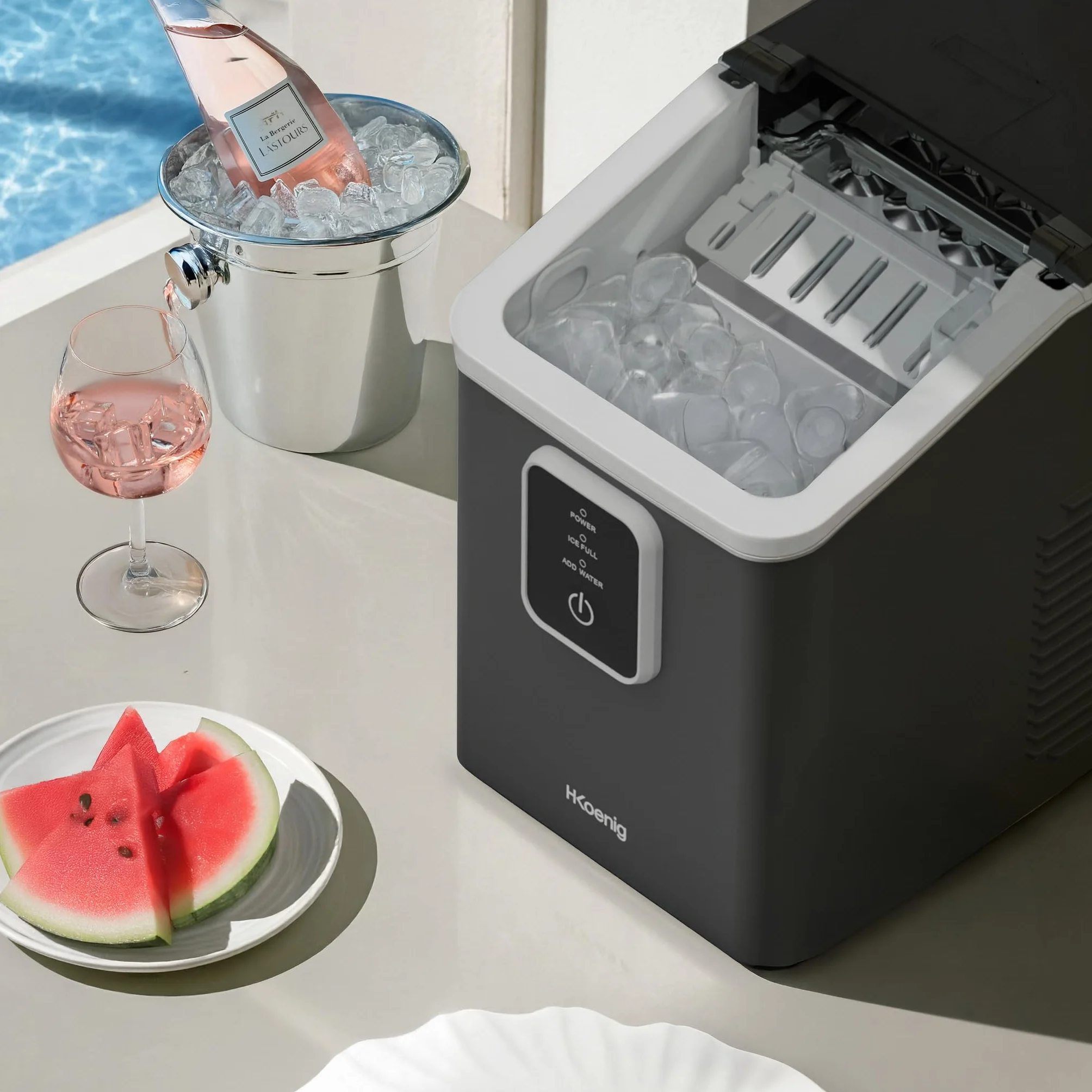 H.Koenig Máquina de hielo KUB12, 12 kg de cubitos de hielo en 24 horas, Compacto, Silencioso 1 L, Cubitos listos en 6-8 minutos, Paleta incluida