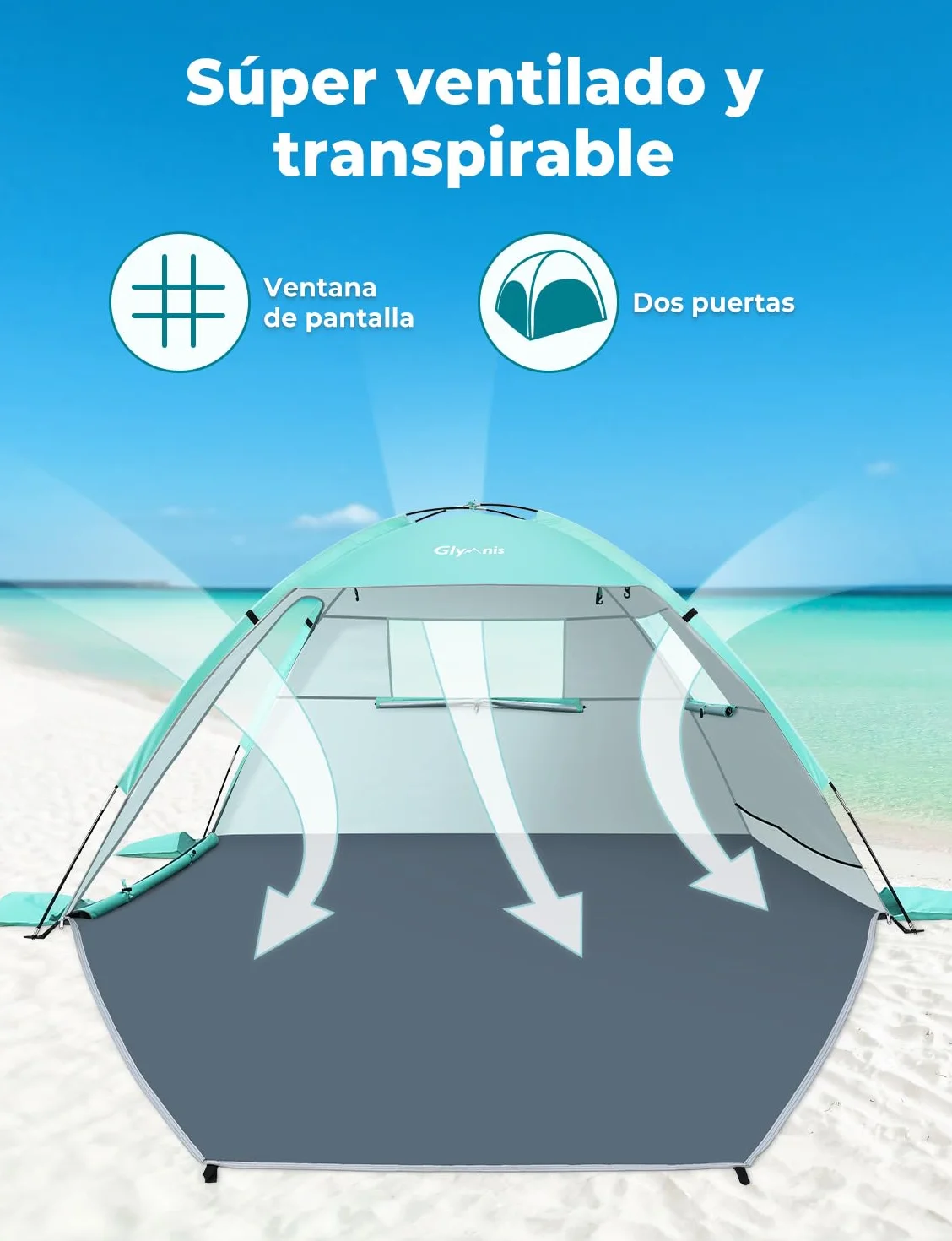 Carpa de Playa para 2-3 Personas, Doble Puerta Cremallera, Ventilación, Protección UPF 50+, Varar Parque Pescar