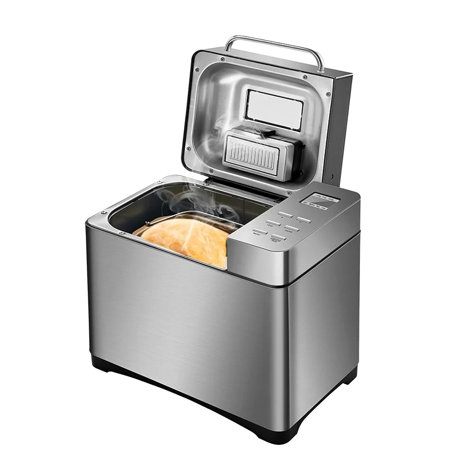 Panificadora de acero inoxidable, 650 W, 19 programas, compartimento automático para ingredientes, para 500 g, 750 g y 1000 g, color plateado