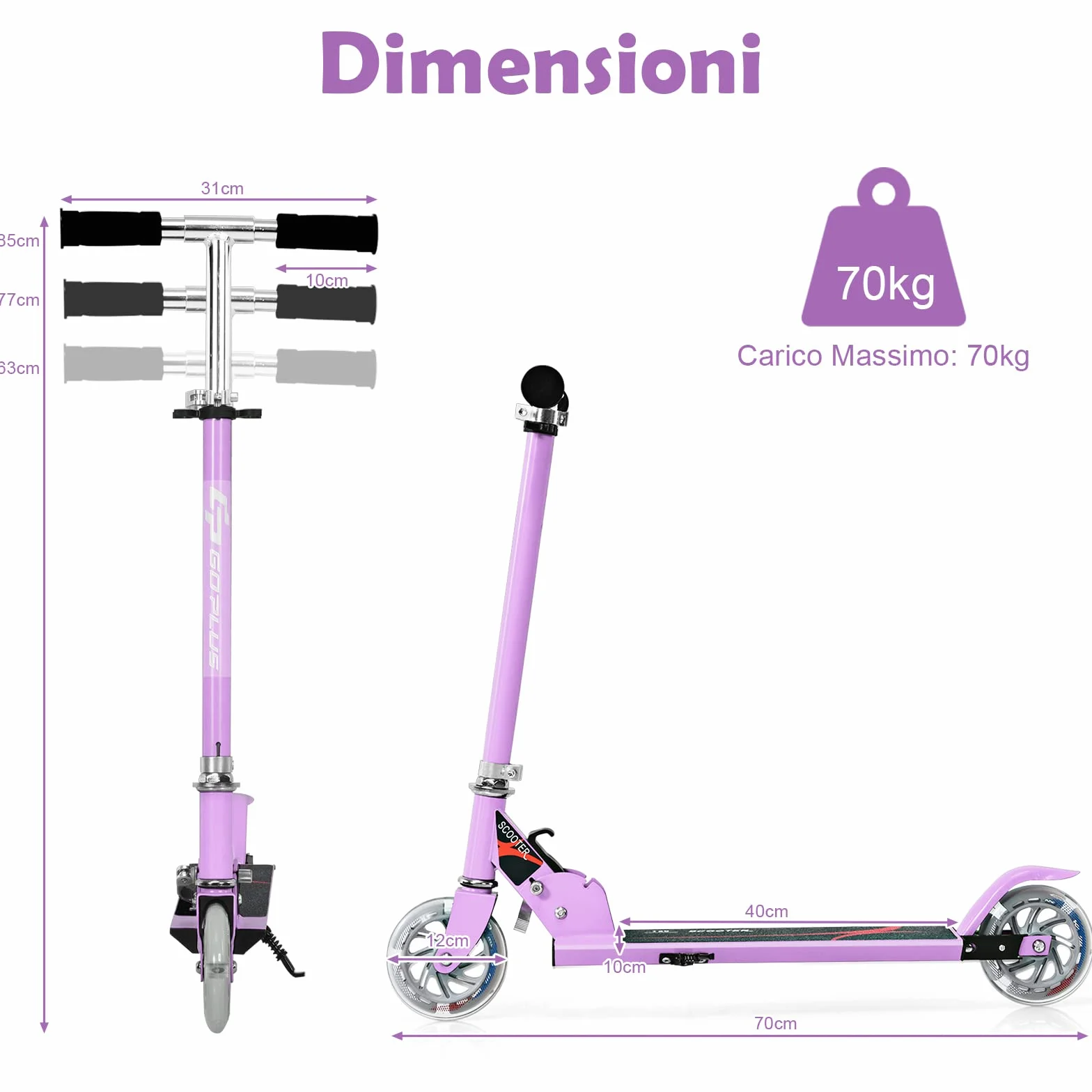 KOMFOTTEU Patinete para Niños 2 Ruedas LED Plegable Aluminio Altura Regulable Scooter Infantil Carga 70 kg 4+ Años