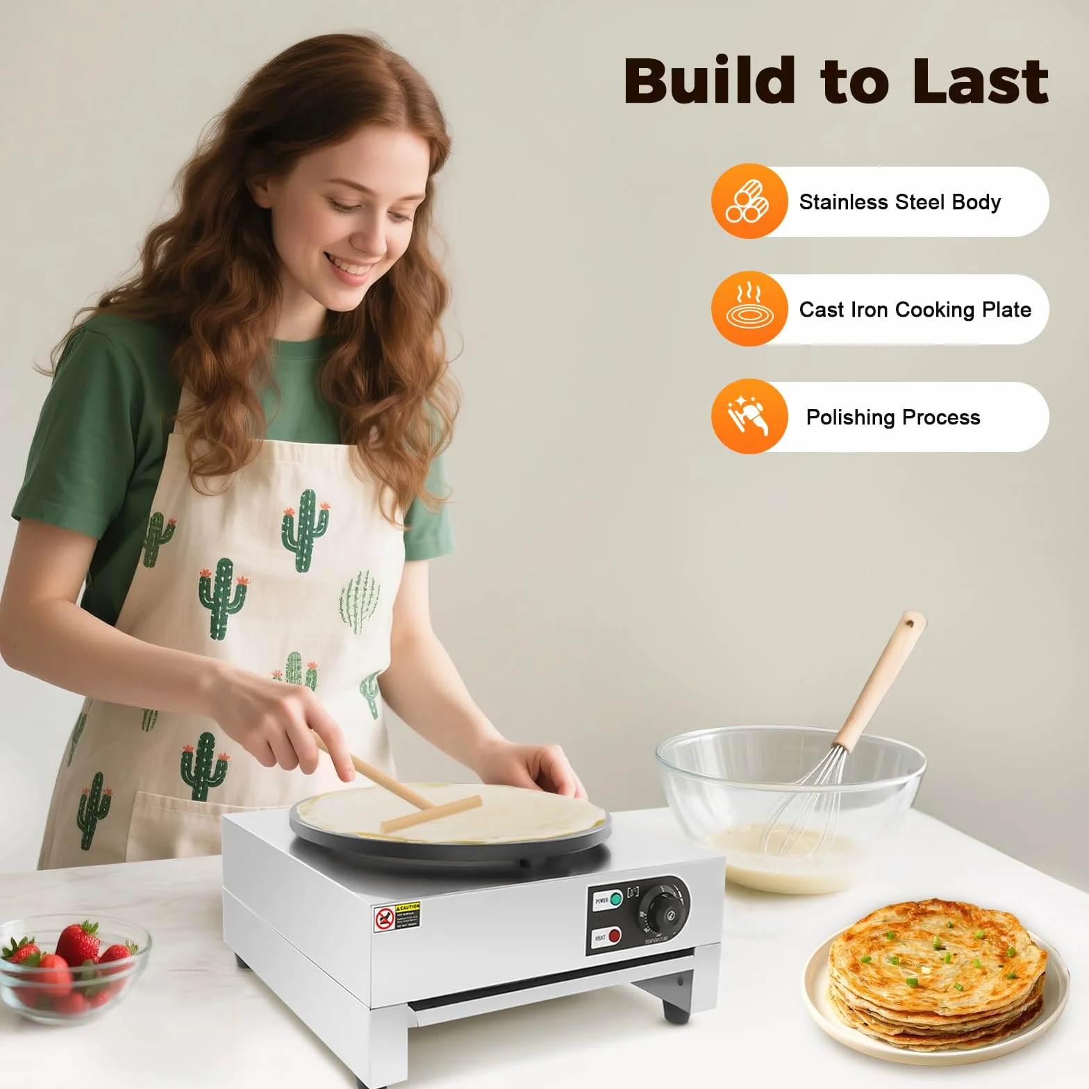 Crepemaker - Máquina eléctrica para crepes (3000 W, 40 cm, antiadherente, acero inoxidable, control de temperatura, para panqueques, tortitas de huevo, crepes