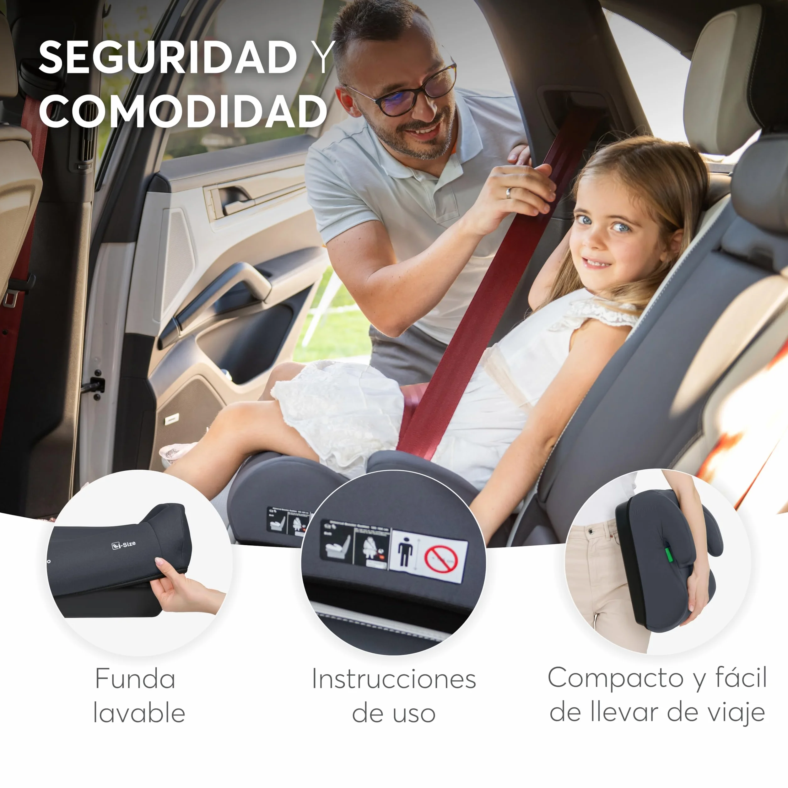 KikkaBoo Alzador Coche Niño i-UP, i-Size, 125-150 cm, Silla Coche Grupo 3, de 7 a 12 años, de 22 a 36 kg, Elevador Coche, Fácil Instalación con Cinturón, Negro