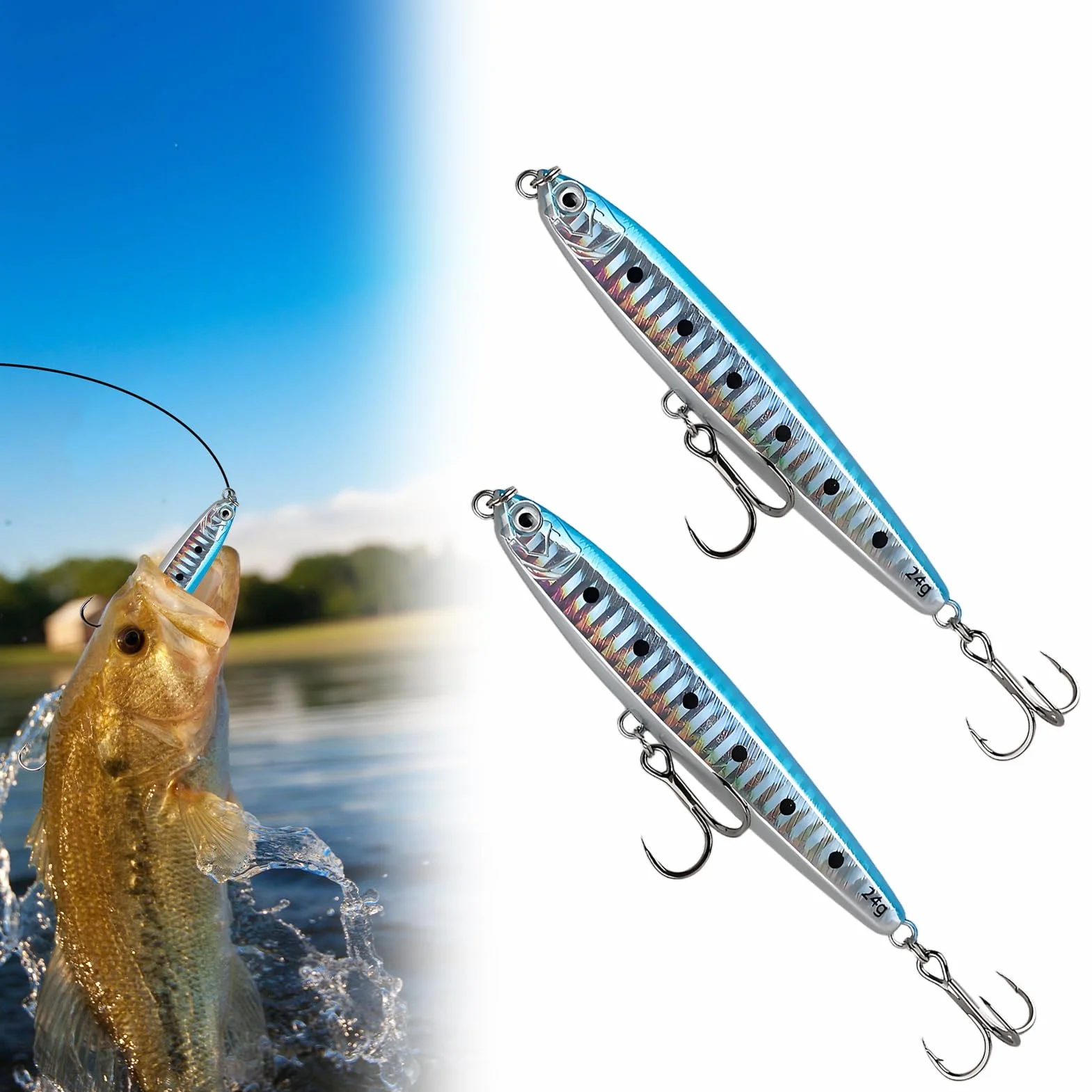 2 señuelos de pesca fluidos 10 cm/24 g, largo alcance, cebo artificial tipo lápiz cebo realista, con anzuelos agudos, ideal para la pesca en el mar, río, lago y barco