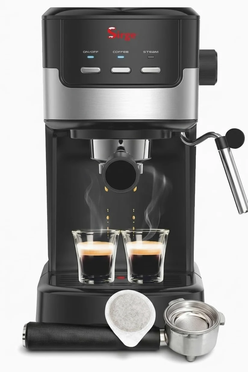 Sirge CREMAEXPRESSO Cafetera, Cafetera Espresso 15 Bares [Bomba italiana] Capacidad 1.2L, 850 W, Espumador de Leche para Cappuccino y Doble removible y Control Tactil, Negro