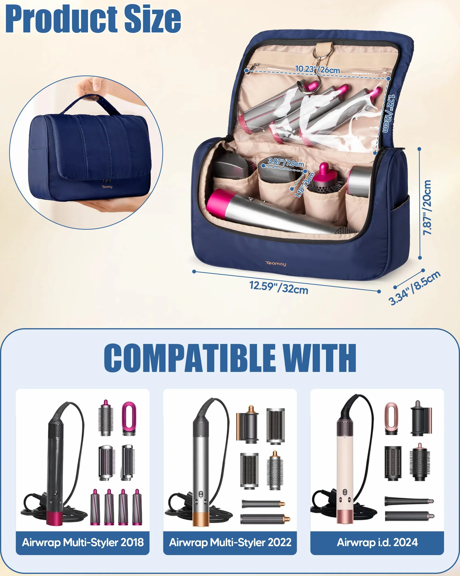 Teamoy Bolsa de Almacenamiento de Viaje Compatible con Dyson Airwrap, Organizador Portátil, Cilindro Largo, Azul Oscuro