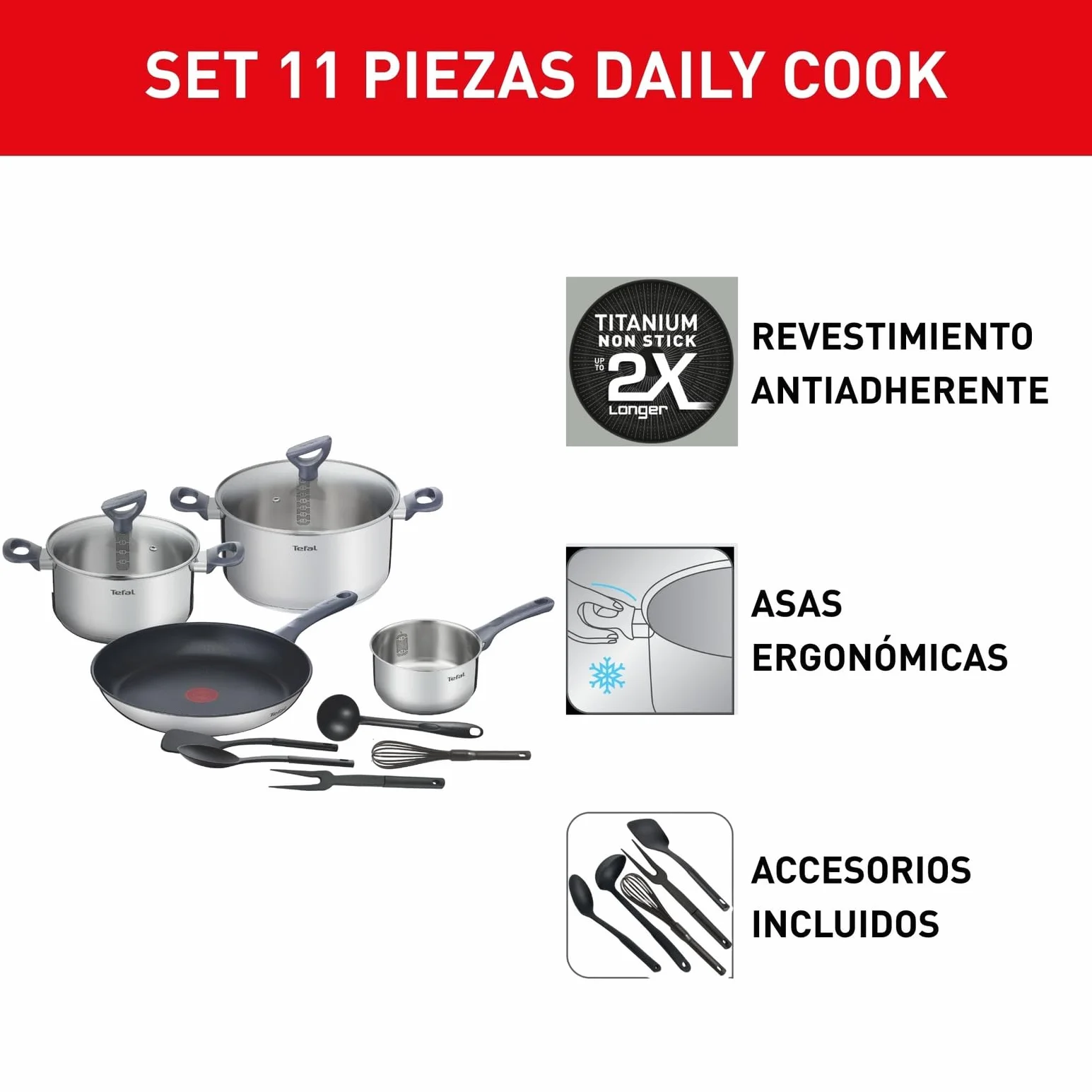 Tefal Daily Cook - Juego de Sartén antiadherente 28 cm + 2 Ollas 20/24 cm + Cazo 16 cm + 5 Accesorios, Apto inducción, Thermo-Fusion, marcas medición, apto lavavajillas y horno, acero inoxidable