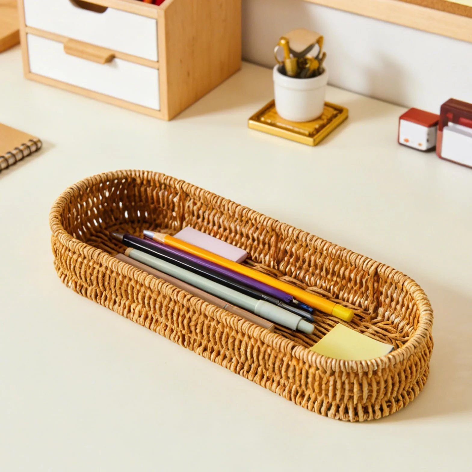 Cesta organizadora de utensilios – Soporte de almacenamiento de cocina para encimera, contenedor tejido con compartimentos multisección, organizador de mesa para comedor y despensa