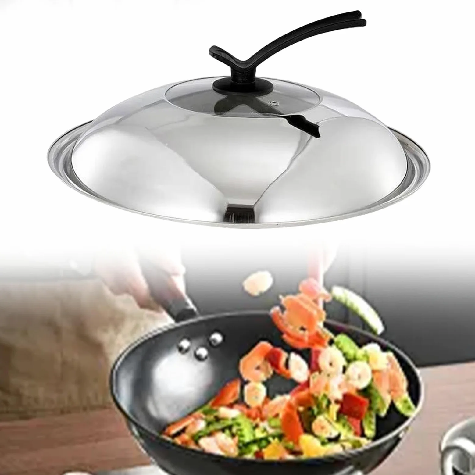 Qectial Tapa Redonda para Sartén de 36 Cm, Ideal para Sartenes de 34-35,5 Cm de Diámetro. Incluye Asa de Apoyo, Mango Estable