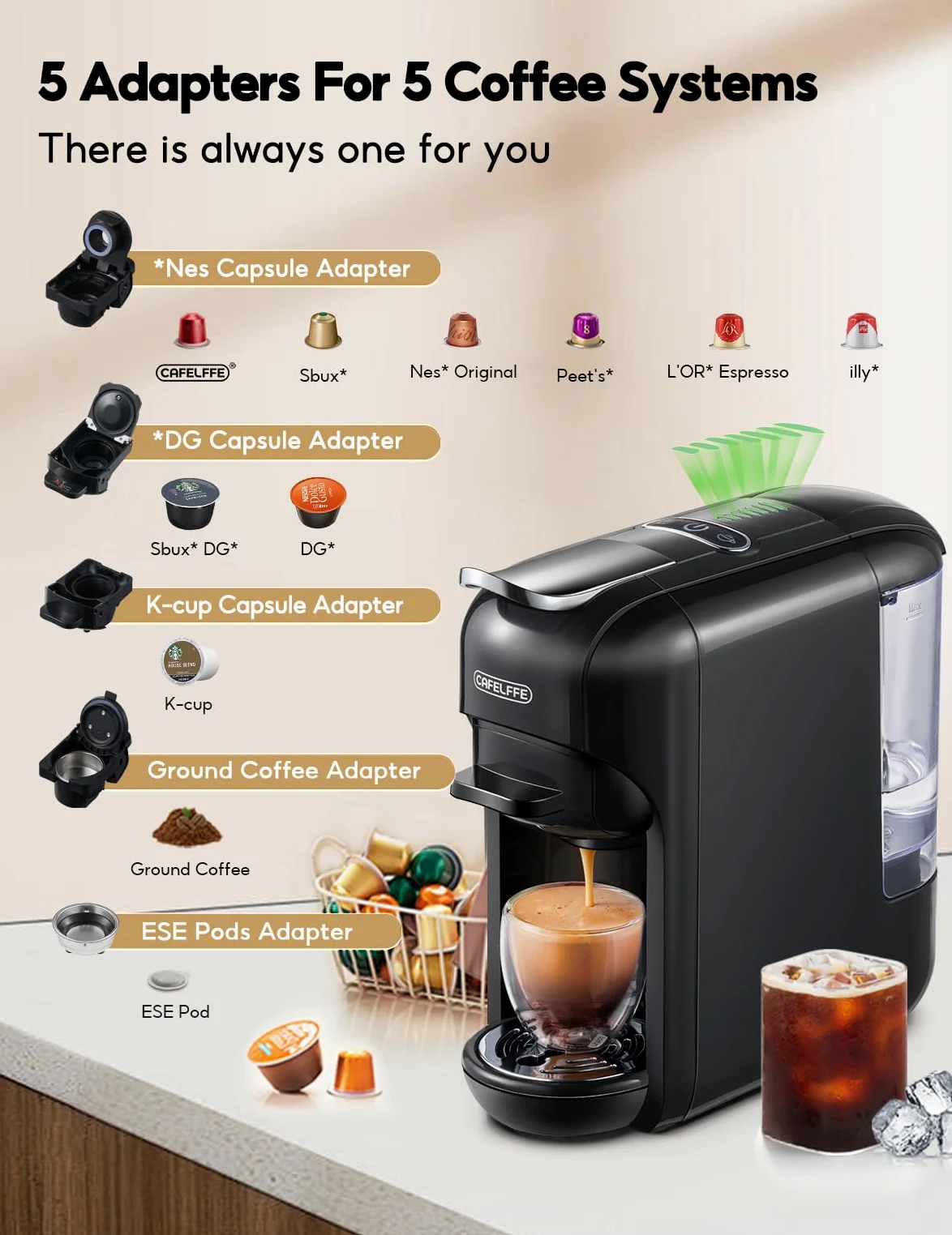 CAFELFFE Cafetera de cápsulas 5 en 1 MK-606 con volumen de café ajustable, preparación en frío/calor, 19 bares, para cápsulas Nes* Original, DG*, Kcup, ESE y café en polvo, 0,6 L, regalo