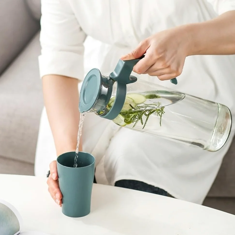 Jarra Agua Hervidores de Agua de Vidrio de 1400 ml de Gran Capacidad con Tapa y asa, Jarra for Jugo, té, Leche, dispensador de Bebidas Jarra de Agua(Blanco)