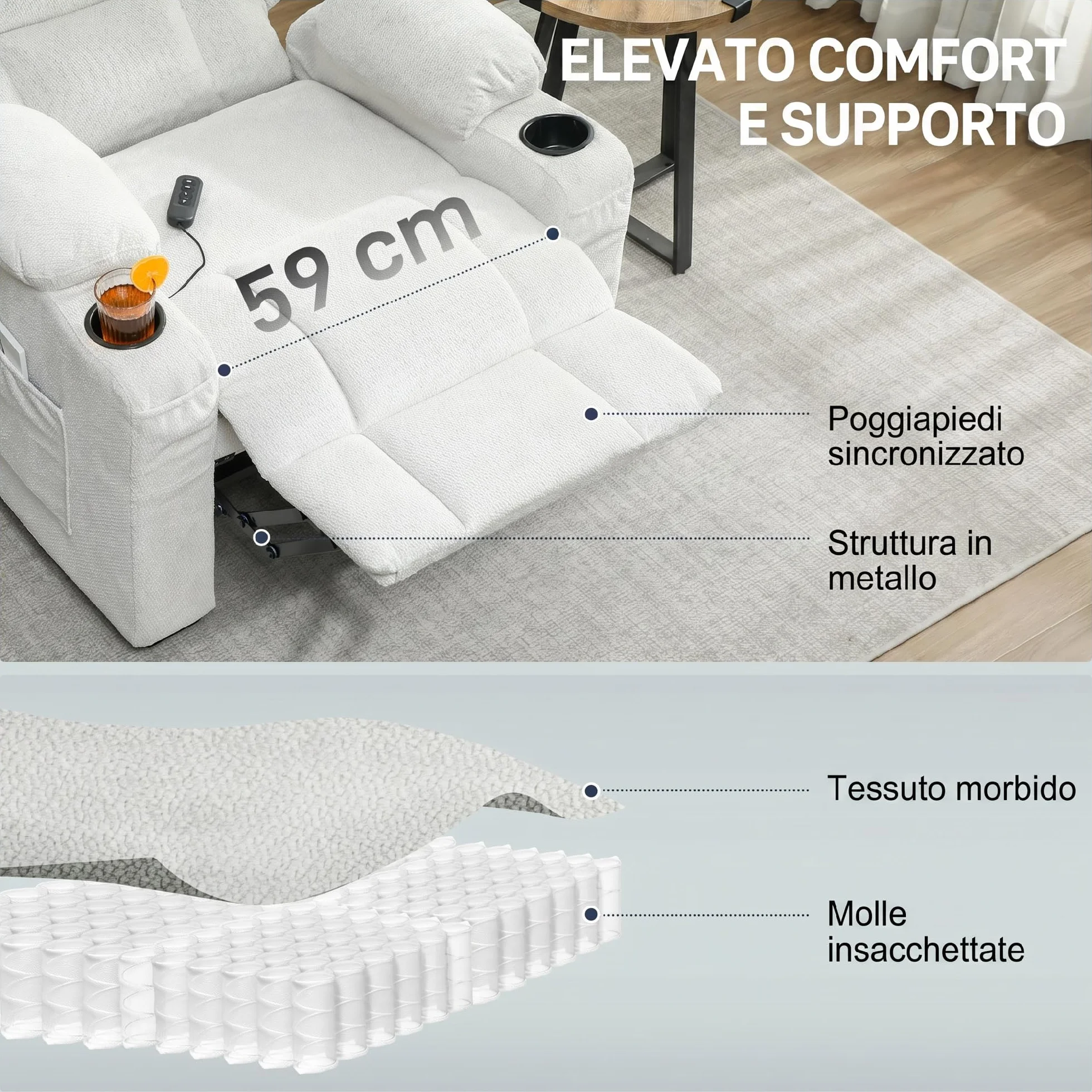 HOMCOM Sillón Relax Reclinable Eléctrico, Sillón Reclinable Silencioso con Función Memoria, Reposapiés, Mando a Distancia, Bolsillos Laterales, Portavasos y Puerto USB, para Dormitorio, Salón, Crema