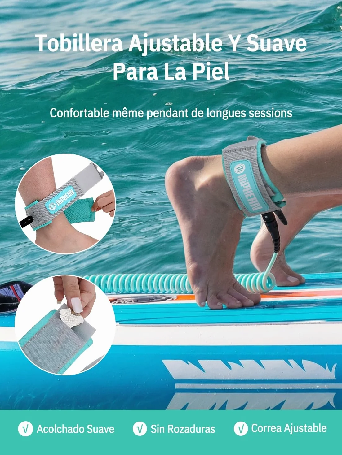 Niphean Leash Paddle Surf 1-3 m, Correa Elástica Espiral 5 mm Tobillo, Antienredos Ajustable para SUP Surf Bodyboard