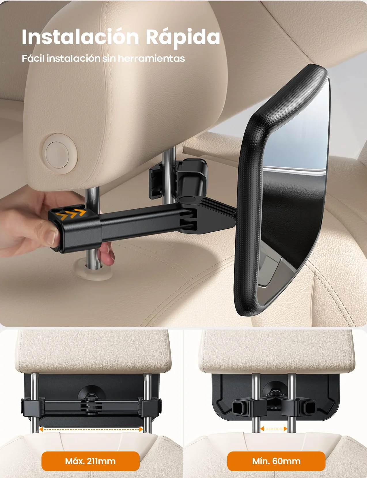 Lamicall Espejo retrovisor para niños – [2025 gancho triangular] 100% irrompible, rotación 360° y 45° inclinable, con 175° visión clara, espejo coche bebé asiento trasero súper estable