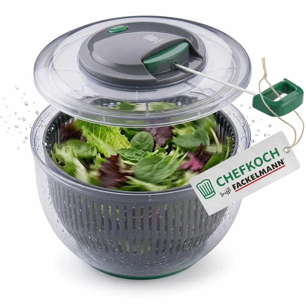FACKELMANN Centrifugador de ensalada con cuerda y botón de parada, para lavar, secar y servir ensalada sin esfuerzo, incluye práctico cable y colador extraíble