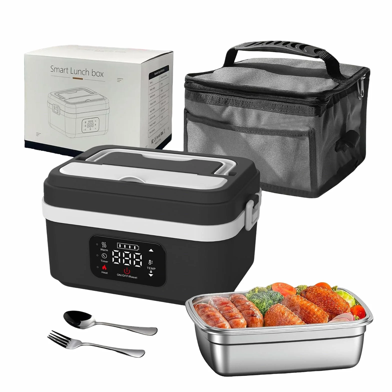 Kouamor Fiambrera eléctrica de 1 L, con batería, aislada y autocalentable, pantalla LED, acero inoxidable 304, con recipientes de almacenamiento (A)