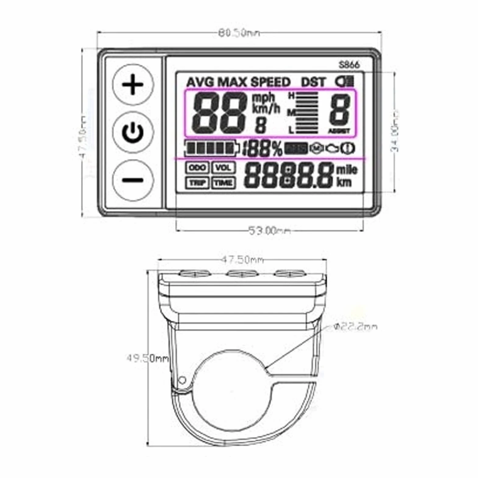 Pantalla LCD S866 para Bicicleta Eléctrica 24V 36V 48V Impermeable