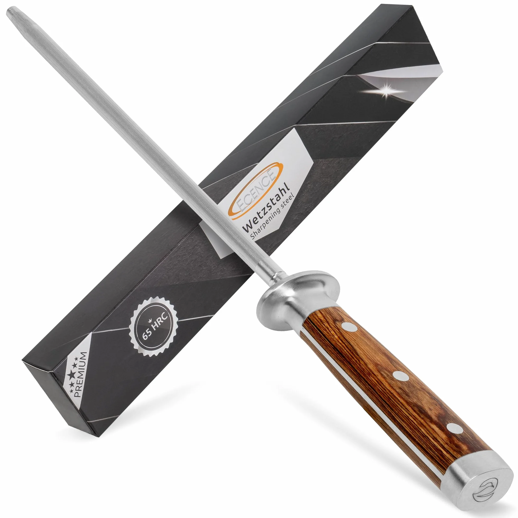 ECENCE Afilador de Cuchillos, Chaira Afilador de acero inoxidable (65HRC) Afilador de Cuchillos profesional de acero endurecido 39cm Plata