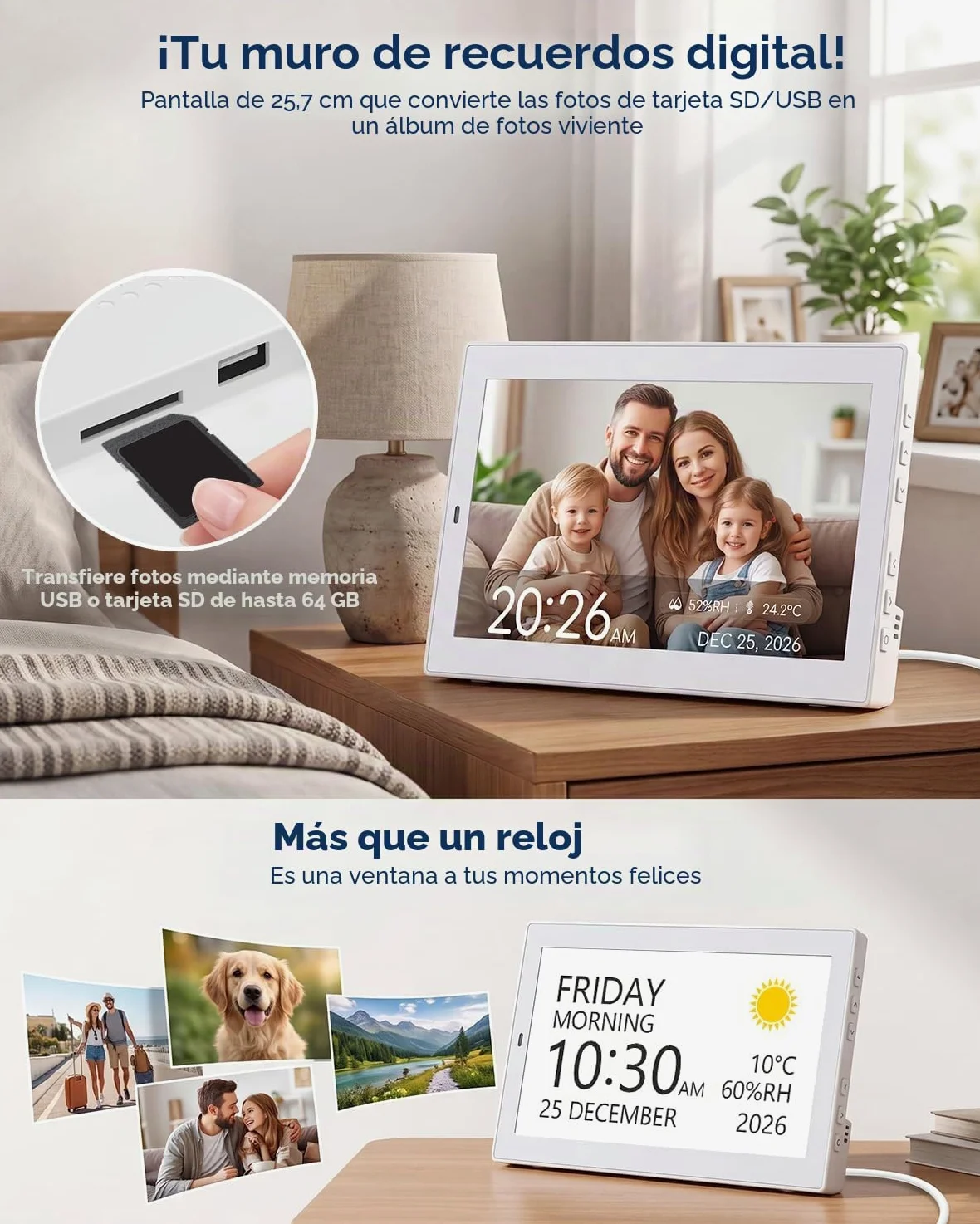ROCAM Reloj Digital de 10,1" para Mayores, Despertador con Calendario | Reloj Calendario Alzheimer con Fecha y Día, 20 Recordatorios y Alarmas, fotos USB/SD, temperatura, humedad, pared o mesa