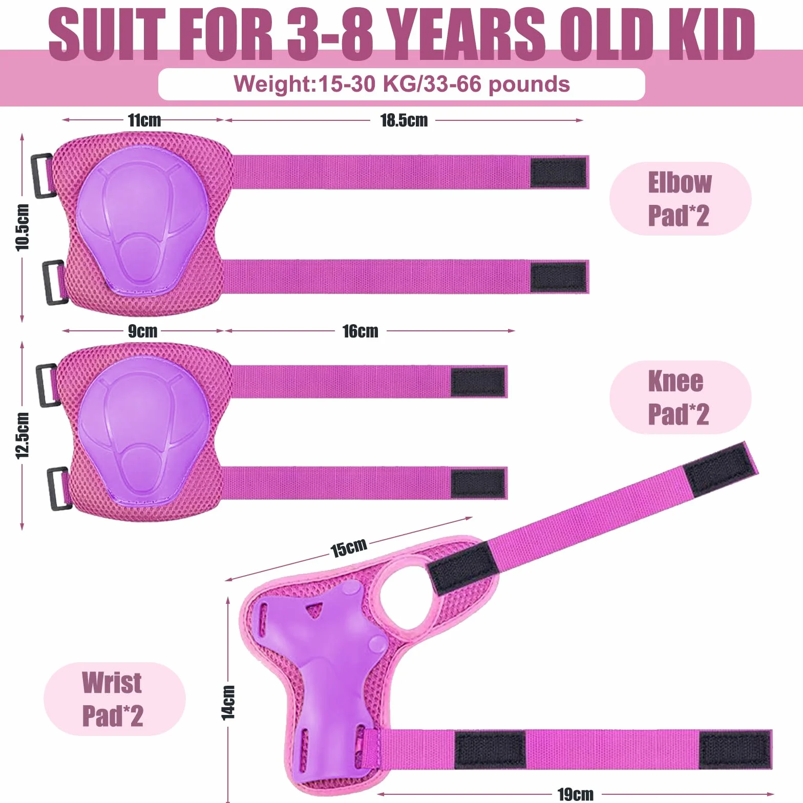 Rodilleras y Coderas Ajustables para Niños, 6 en 1 para Monopatín, Patines, Hoverboard (Rosa/Morado)