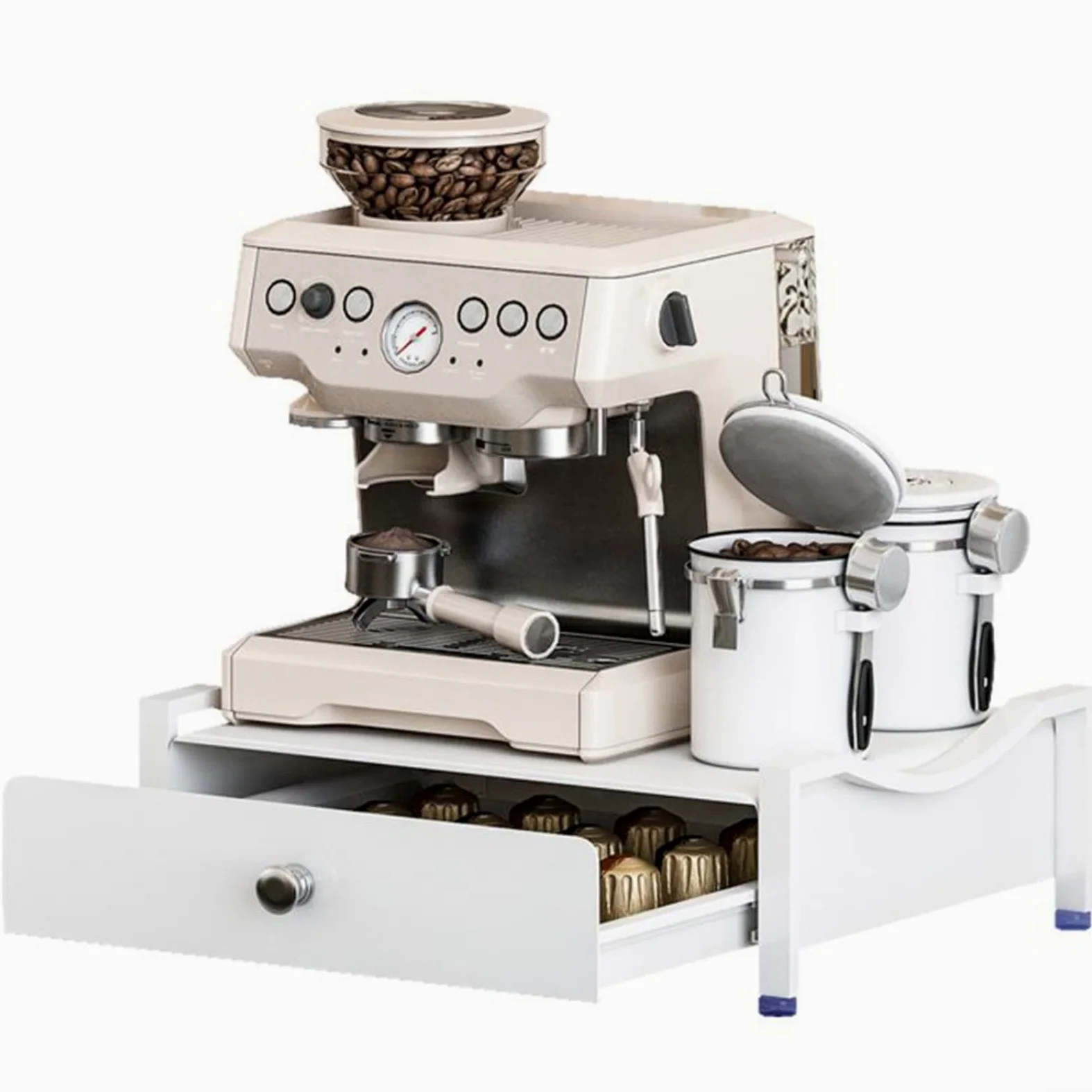 Soporte resistente para máquina de café de acero al carbono con cajón deslizante para almacenamiento de cápsulas y accesorios, organizador de cocina (S)