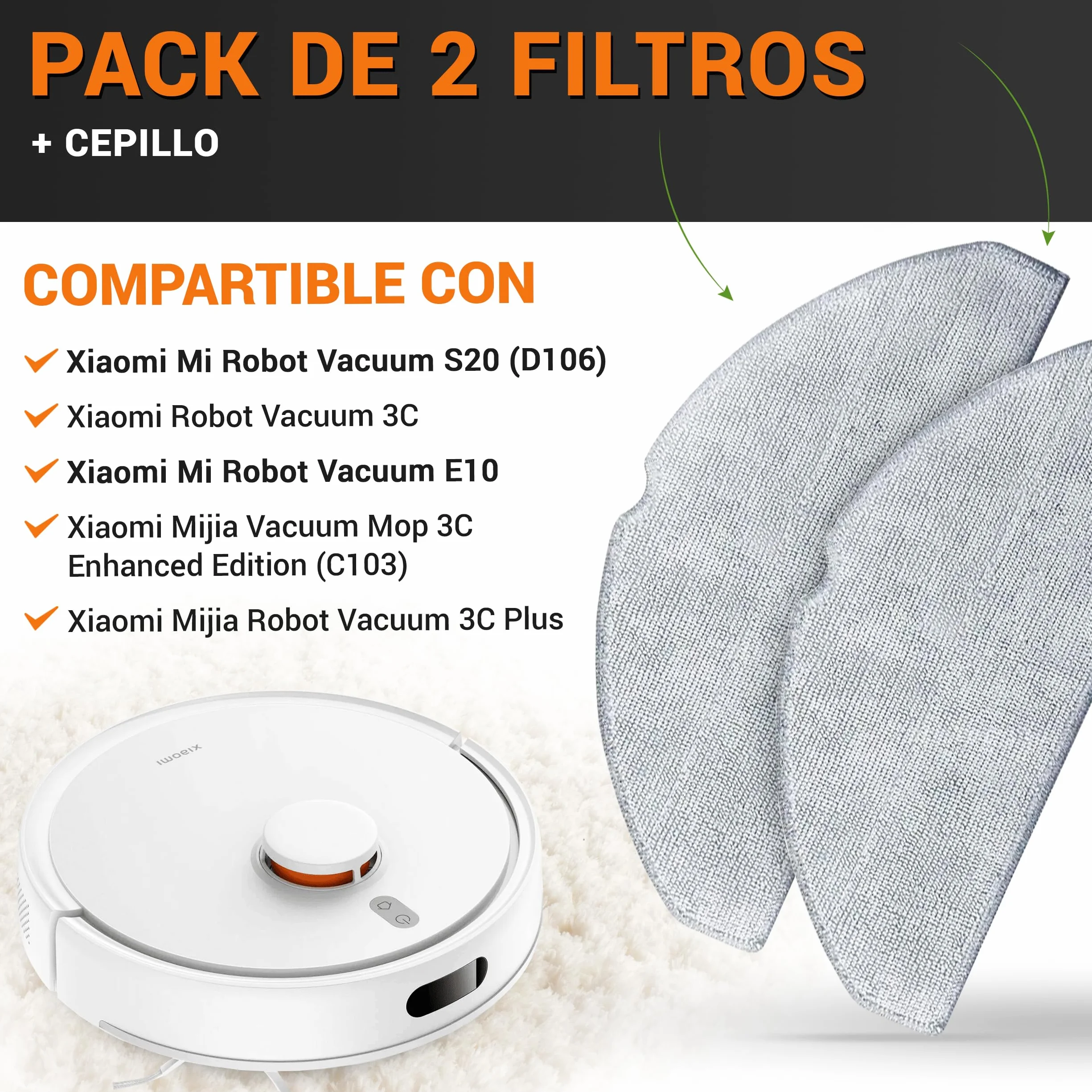 2 Mopas de Microfibra Para Xiaomi Vacuum S20 (D106), 3C, E10, Pack De 2 Trapos de Reemplazo, Kit De Repuestos Para Aspiradora Robot Vacuum, Para Xiaomi Mijia Vacuum Mop 3C (C103) / 3C Plus (B112)