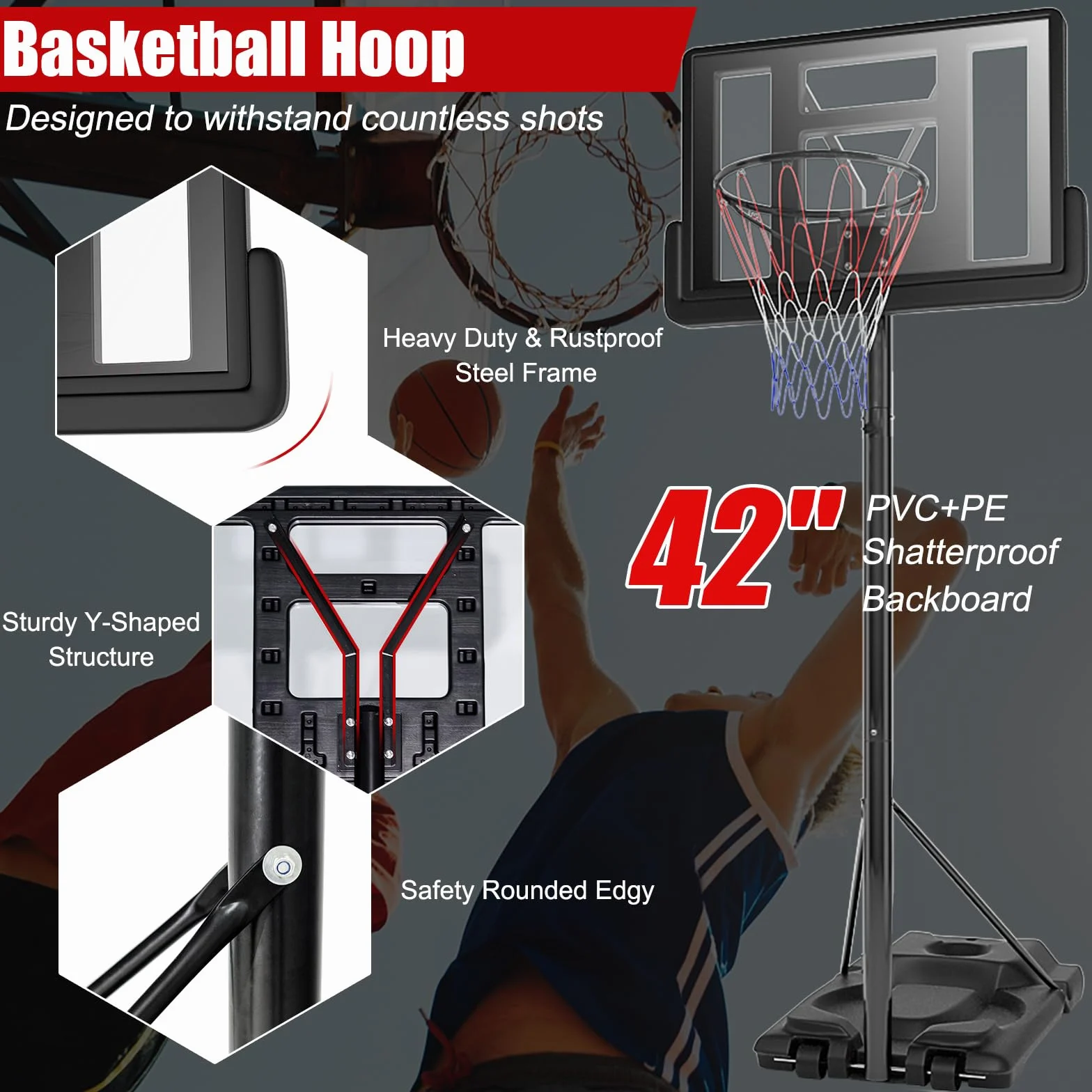 Canasta de Baloncesto Ajustable 180-305 cm, Soporte Portátil con Base Rellenable y Ruedas para Niños y Adultos