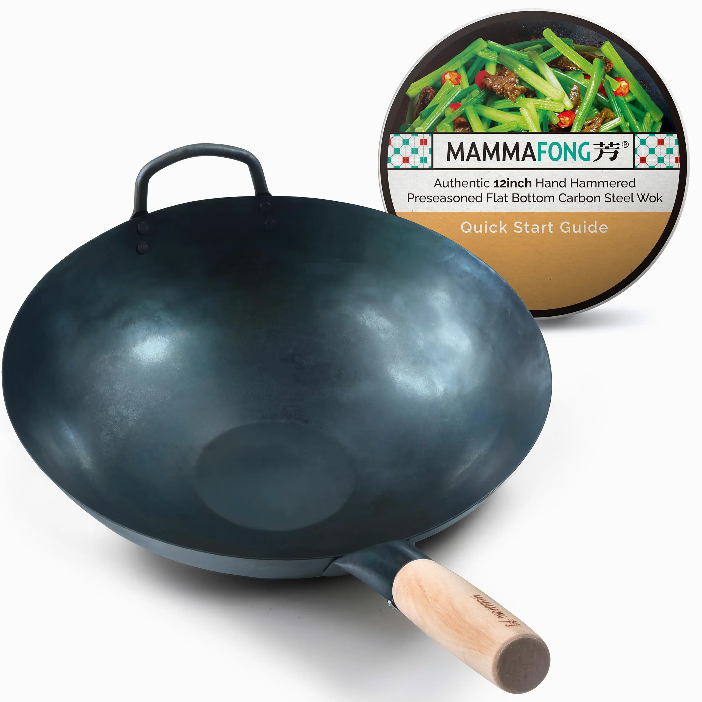 Wok de acero al carbono de fondo plano preestacionado (30.5 cm Preseasoned Flat Bottom Pow Wok)