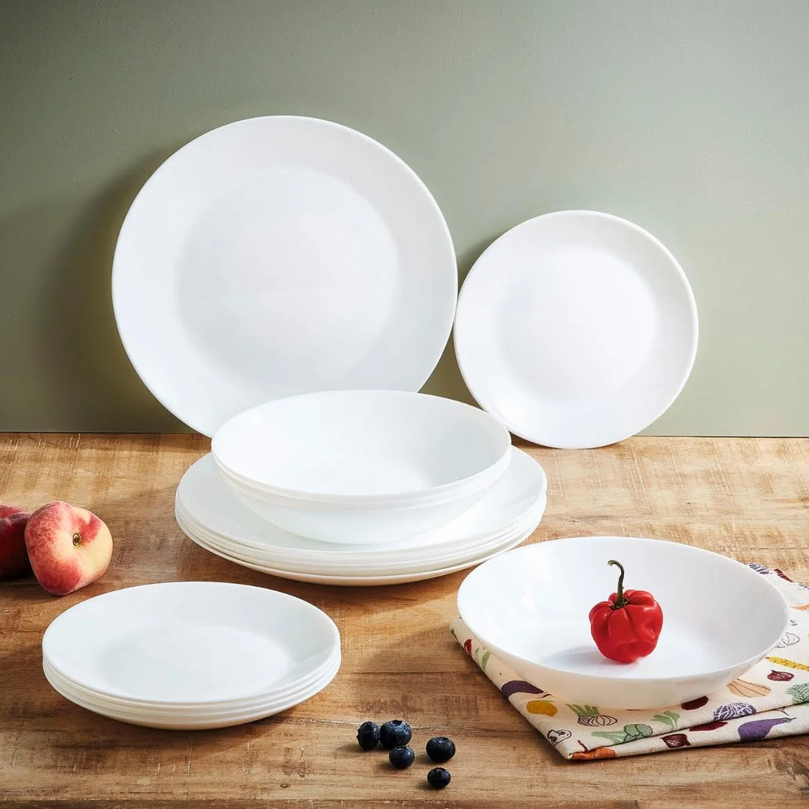 Arcopal Vajilla Zelie de vidrio opal, 24 piezas con tazas | Blanco, incluye 18 platos y 6 tazas de vidrio opal de 29 cl, apta para microondas