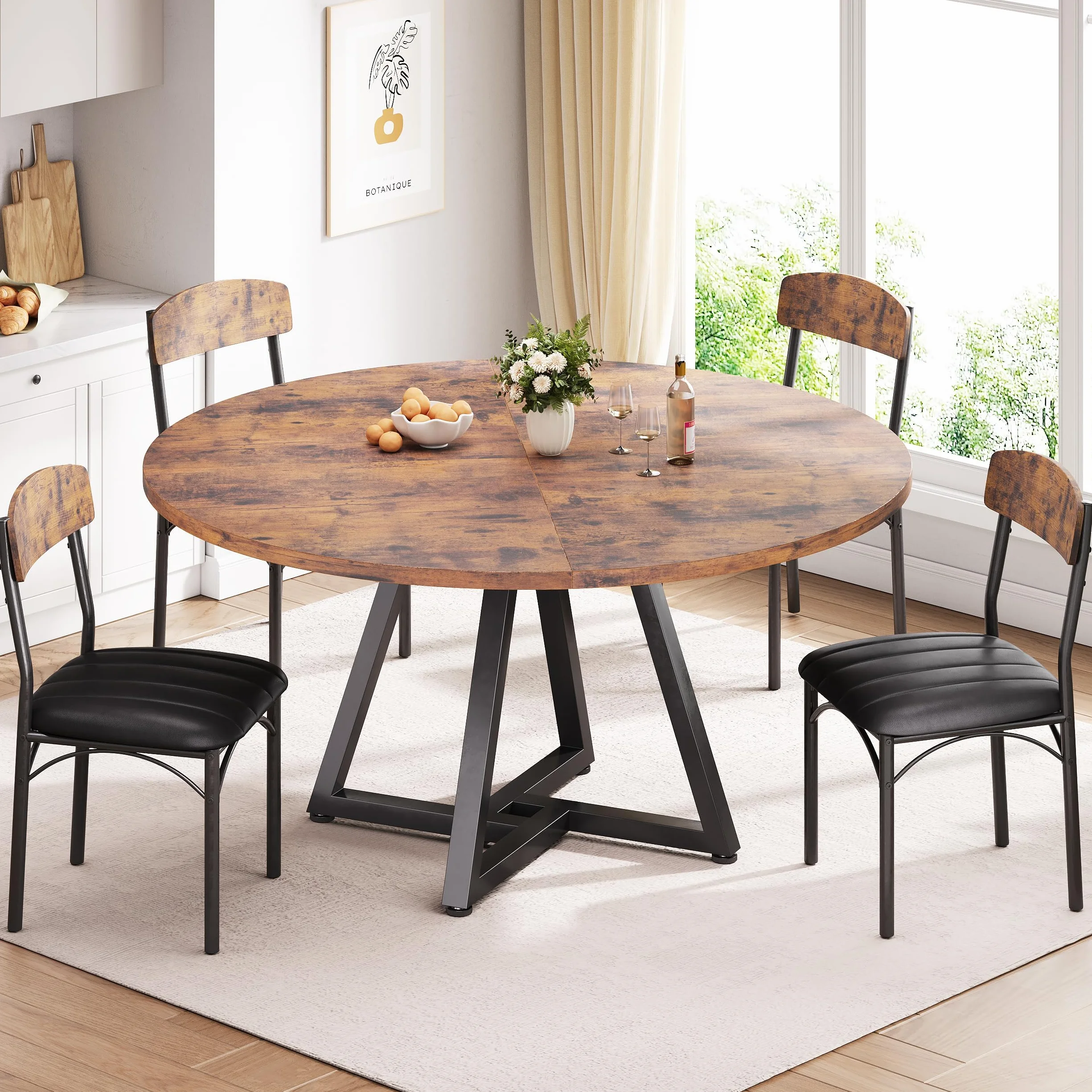 Jocoevol Mesa de Comedor Redonda para 4 Personas, Mesas de Cocina Industrial con Estructura Metálica Estable, Marrón Vintage, 107x107x76 cm