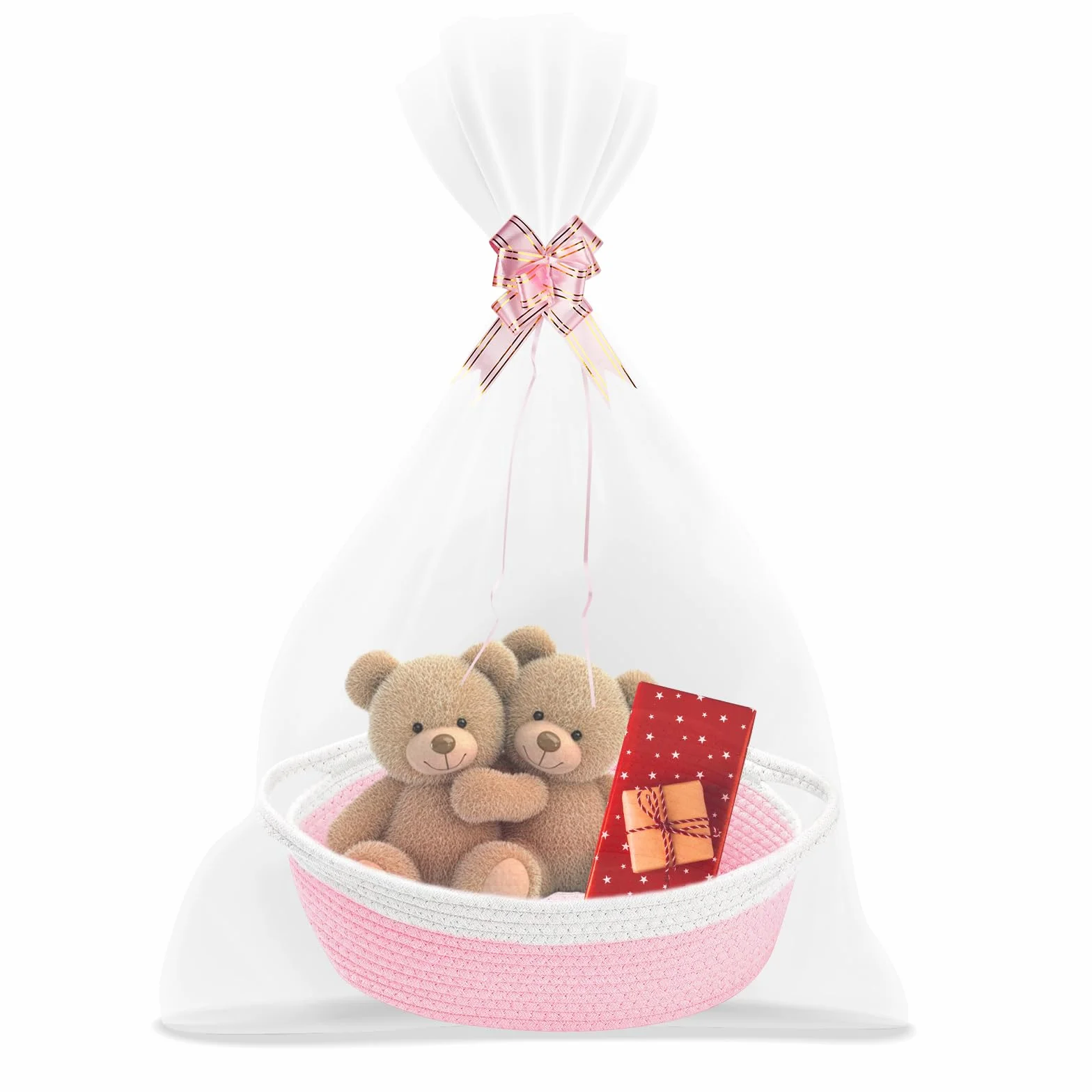 FRUHLING Cesta de regalo vacía trenzada con bolsas de celofán y lazo, almacenamiento de cuerda de algodón (blanco-rosa)