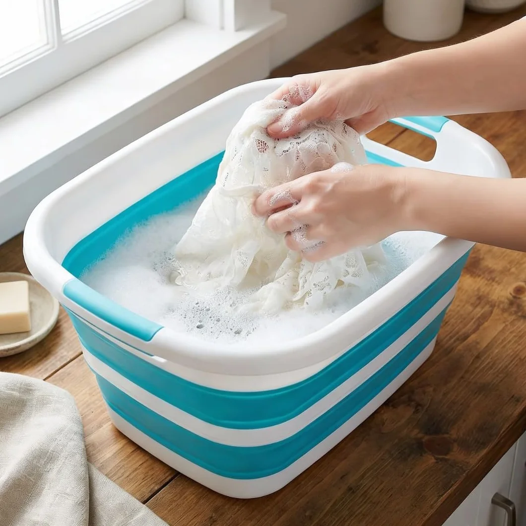 edihome Barreño Plegable 26 L – Cesto Ropa Colada de Plástico y Silicona con Asas, Cesta Multiusos Para Lavadora al Tendedero, Laundry Basket y Almacenaje Hogar (Turquesa, M)