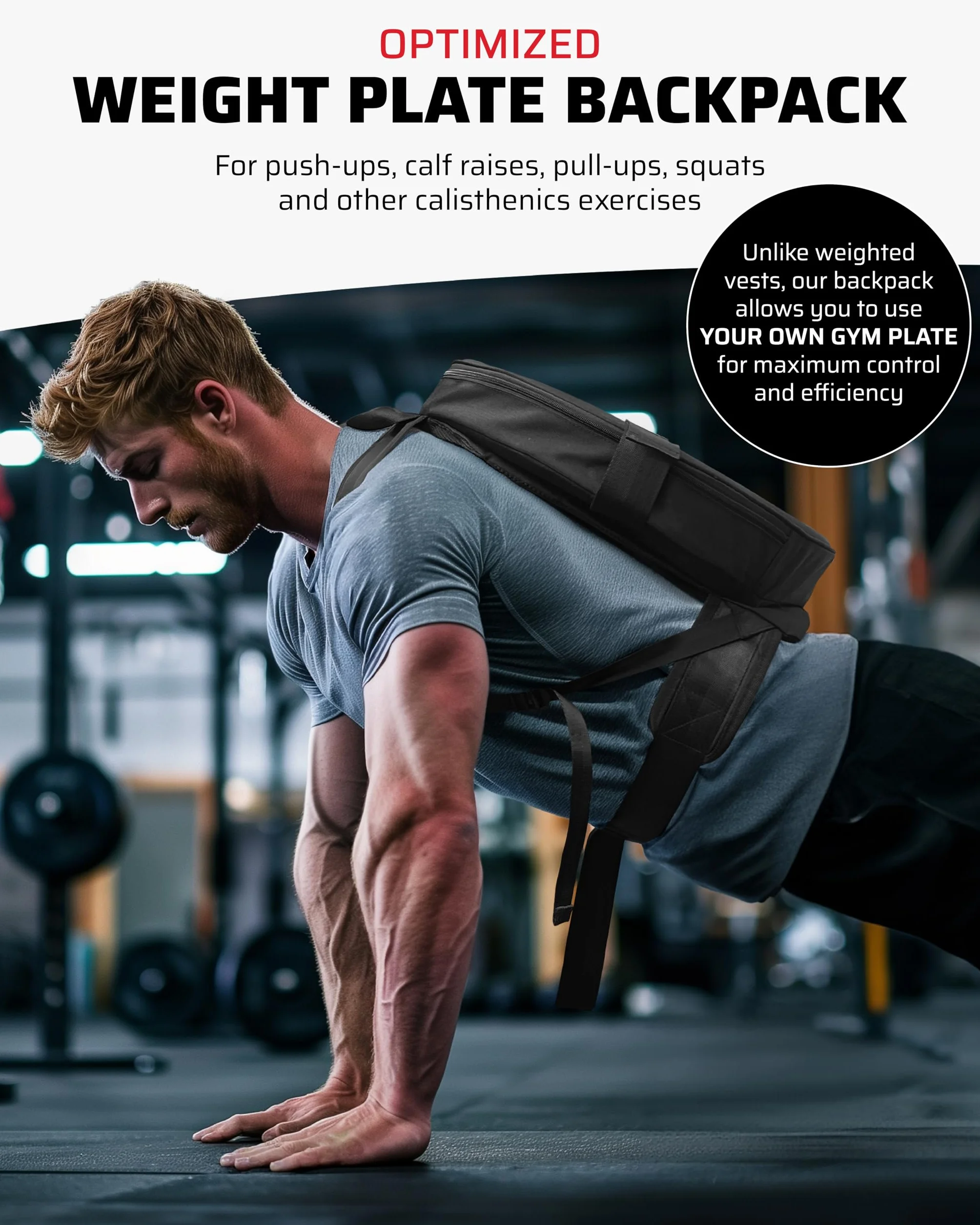 THEFITGUY Mochila pesada para pesas de gimnasio, para flexiones, elevaciones de pantorrillas, sentadillas, uso en la espalda o en la parte delantera, se adapta a placas de hasta 17.5 pulgadas de