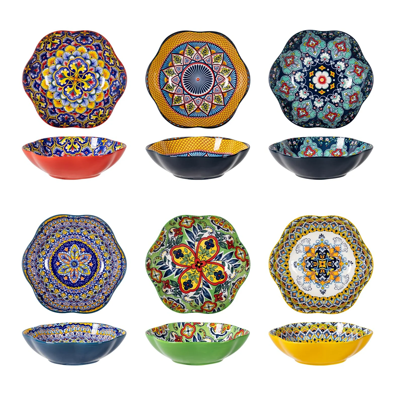 HENXFEN LEAD ensaladera de porcelana, 590ml tazón de postre tazón de cereal, tazón de pasta en forma de flor para helado, arroz, postre, etc. Colorido, Paquete de 6 - Estilo Bohemio
