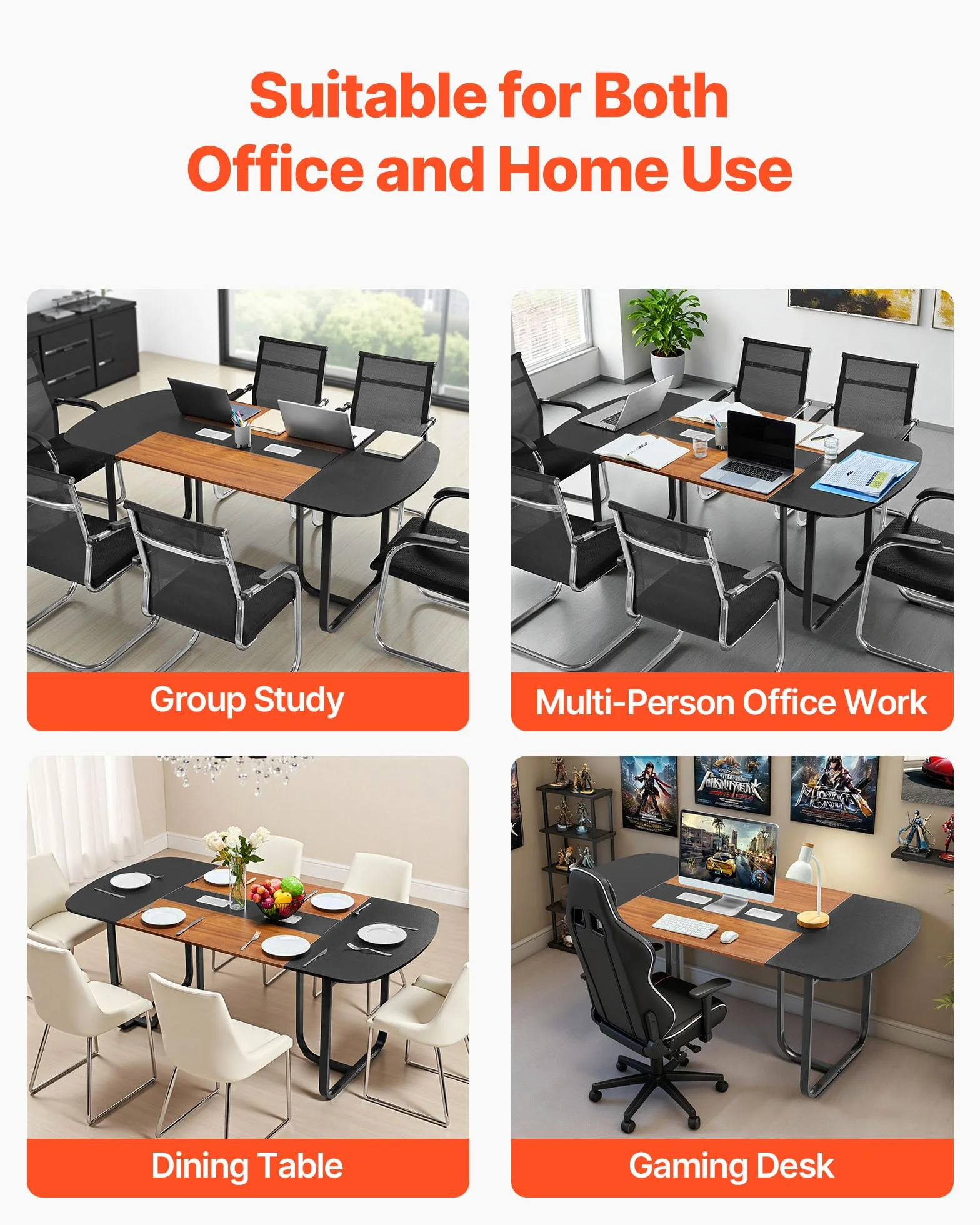 VEVOR Mesa de Conferencias para 6-8 Personas, Ovalada, para Seminarios, Reuniones, Multiusos, con Patas Metálicas, para Oficinas, Salas de Conferencias, Color Negro y Marrón, 1800 x 900 x 750 mm
