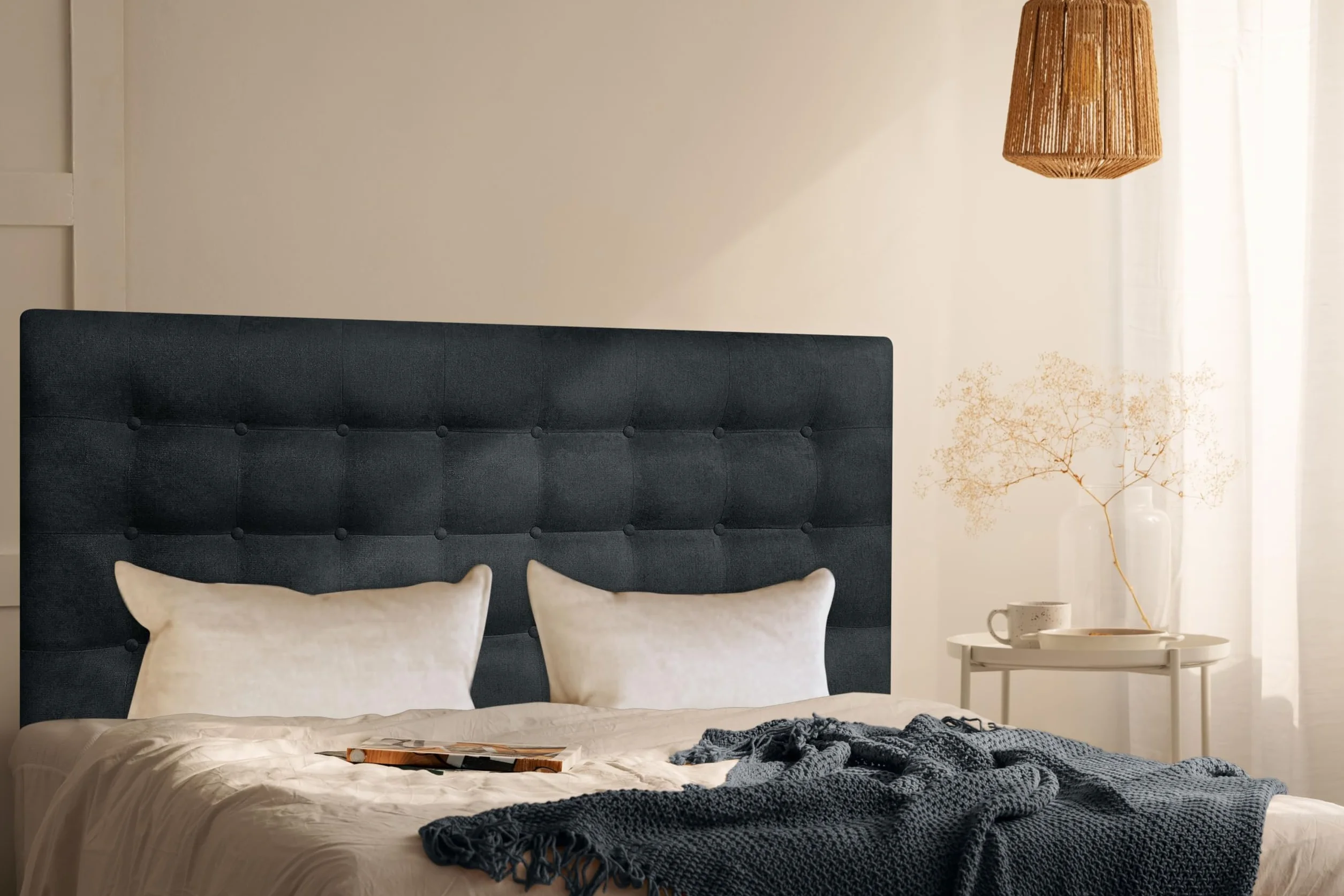 DecorQUALITY cabeceros de Camas Oslo cabeceros tapizados de Madera cabecero Acolchado cabecero Polipiel Blanco cabeceros para Dormitorio cabecero de Cama (Negro, 150 x 70)