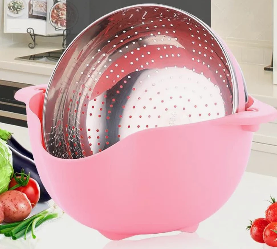 Colador Colador 2 en 1 Cestas de Frutas giratorias para Cocina Coladores microperforados Desmontables Autodrenantes para Pasta Arroz Espagueti Fideos Ensaladas Verduras (Azul)-Pink