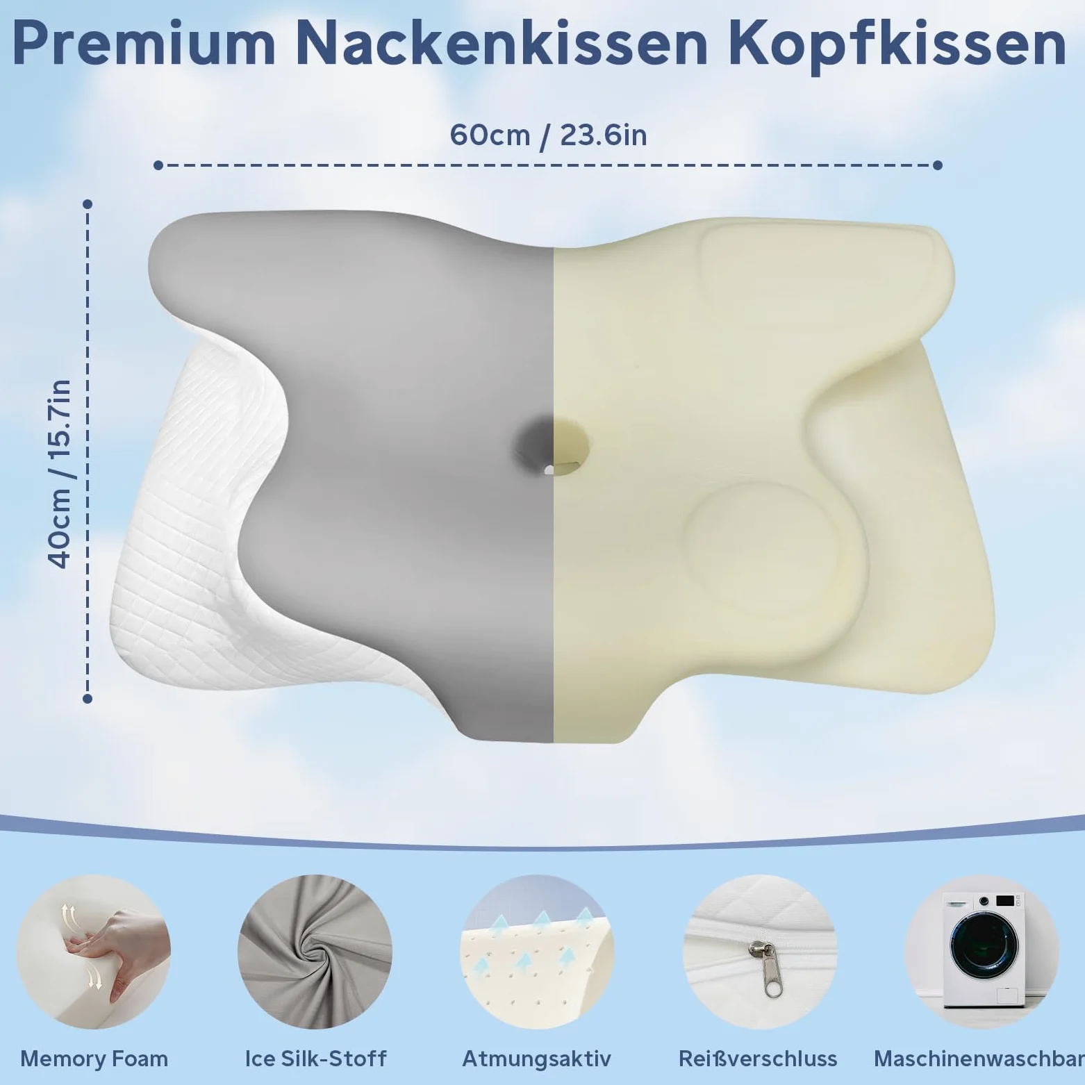 Almohada cervical de espuma viscoelástica para el cuello, almohada ergonómica para los lados, la espalda y el estómago, almohada ortopédica, suave y cómoda (60 x 40 x 13 cm, gris)