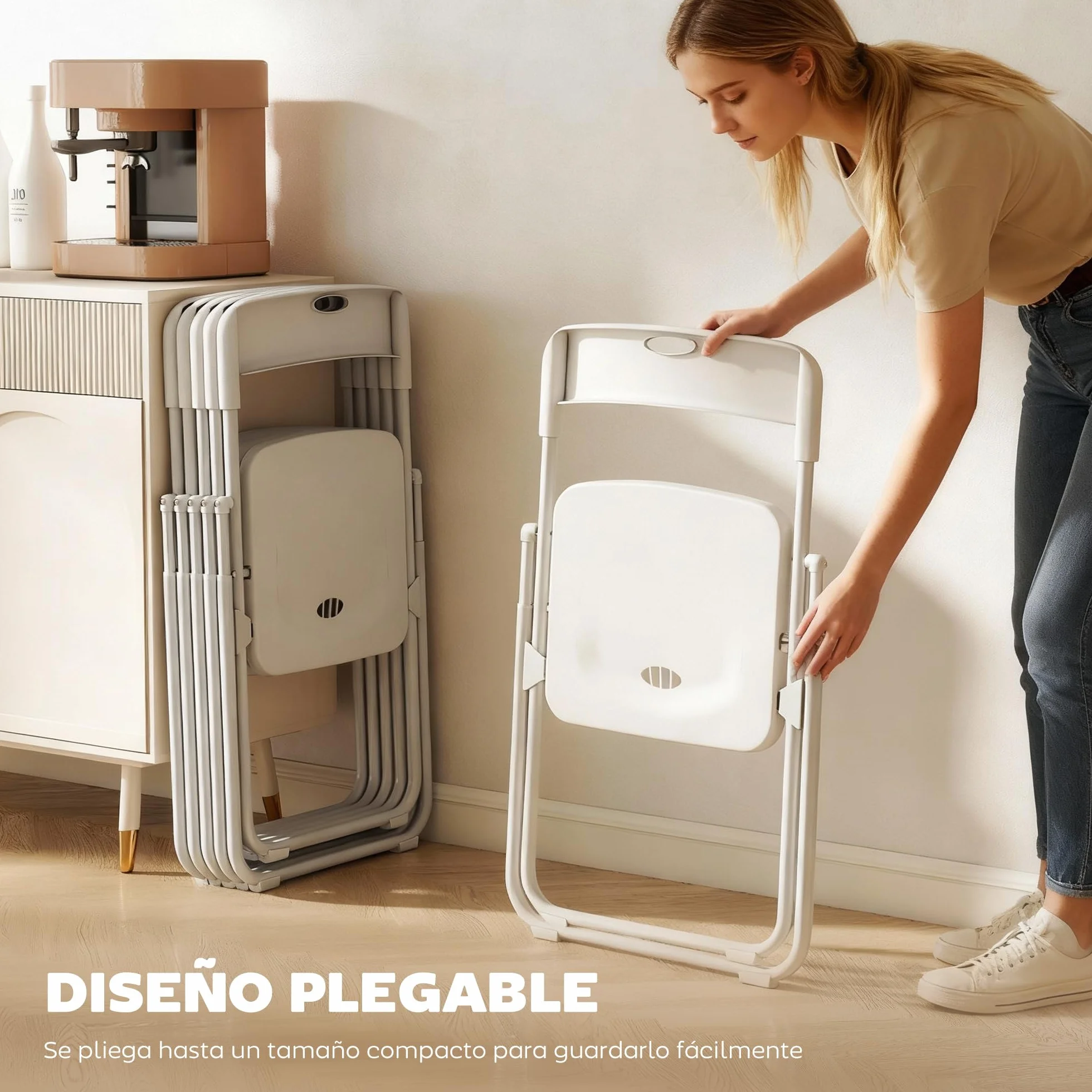 HOMCOM Juego de 6 Sillas Plegables de Plástico, Estructura de Acero, Sillas de Comedor con Respaldo Curvo, Asiento Cóncavo, para Espacios Pequeños, Salón, Oficina, Cocina, Blanco