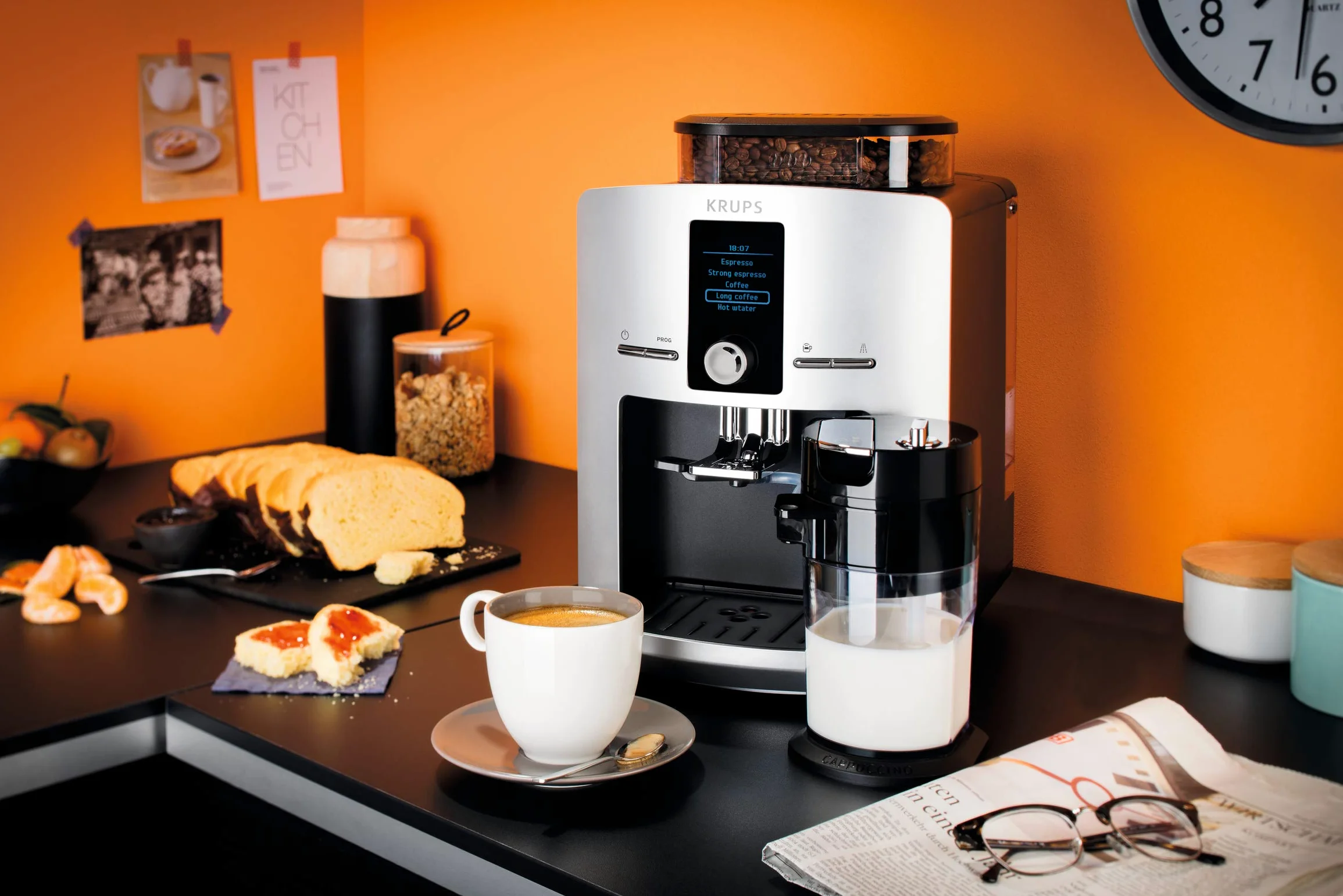 KRUPS Espresseria Latt, Tanque 1,7 L, 1450 W, Cafetera de Acero, Trituradora, Cappuccino Instantáneo, Limpieza Automática, 15 Bares YY4201FD