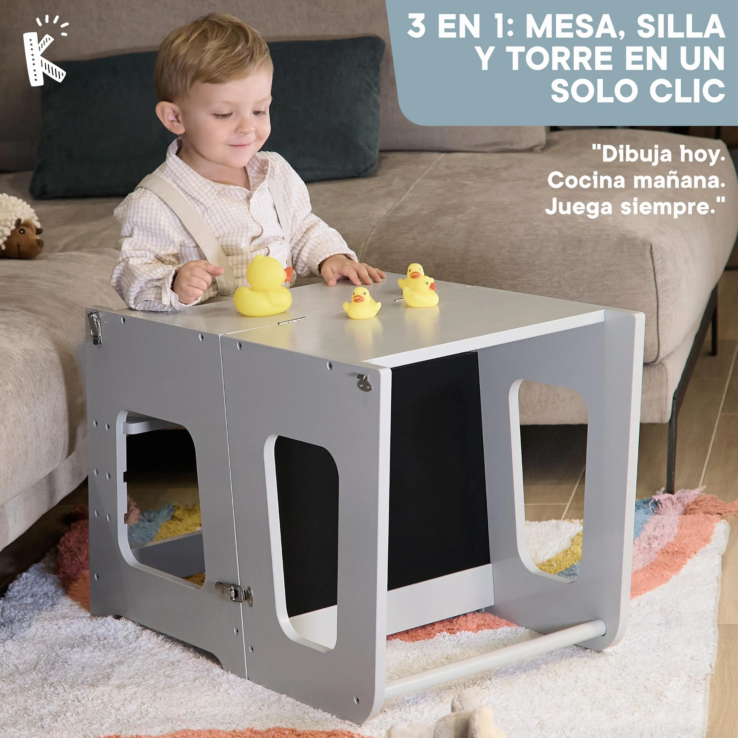 Torre de Aprendizaje Plegable Madera Premium 3 en 1 Convertible Mesa y Silla Escalón Ajustable Gris Perla