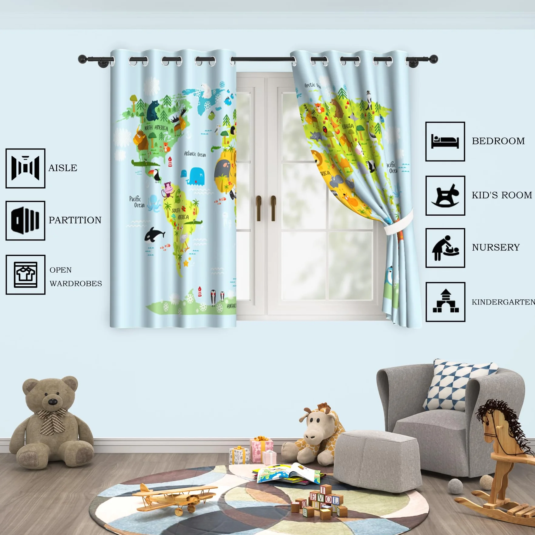 YONGFOTO 117x183cm Dibujos Animados Mapa Cortinas Opacas Global Ocean Cute Animal World Monumentos Baby Blue Maps por Sala Dormitorio Infantil Cortinas de Ventana, 2 Paneles con Ojal