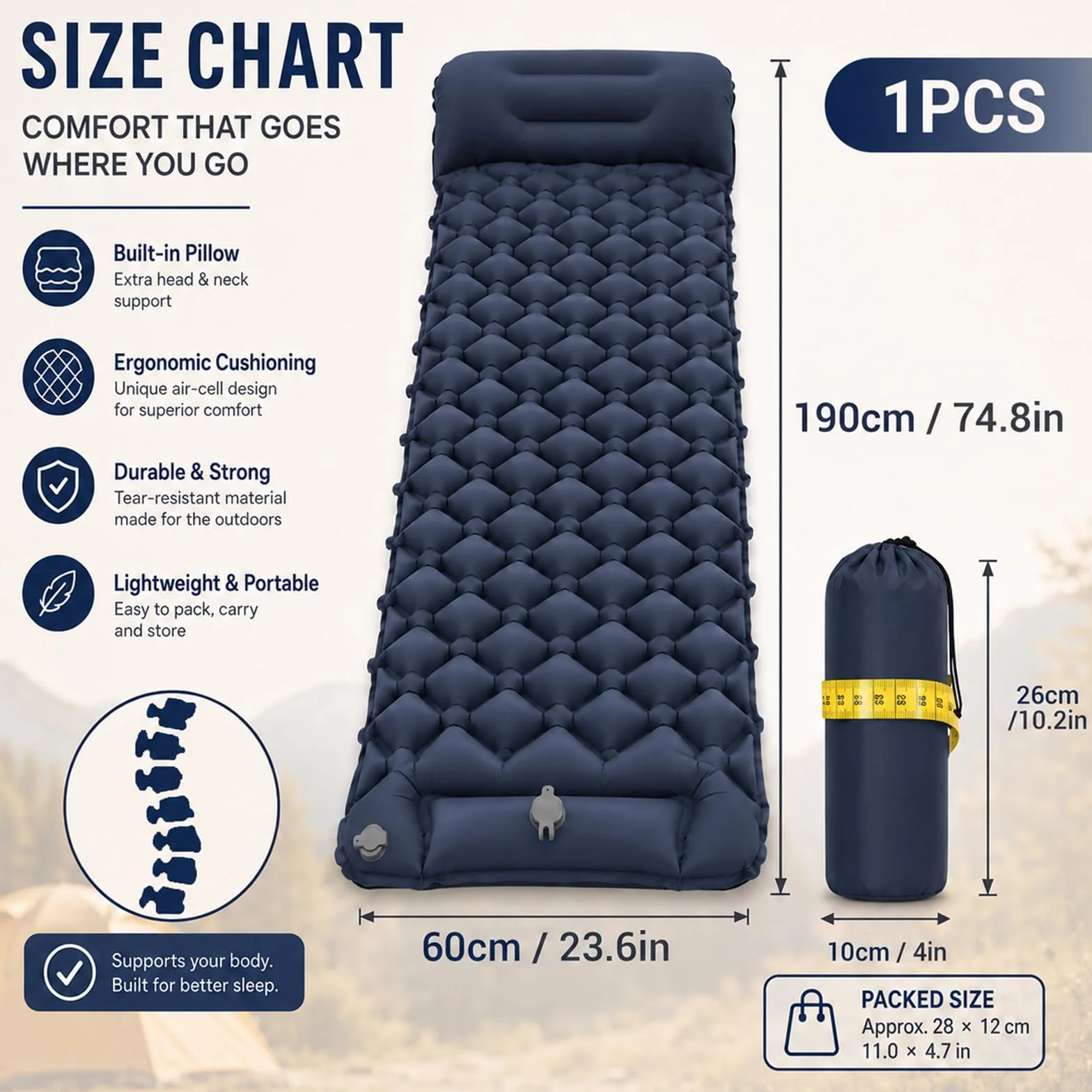 Esterilla Camping Autohinchable Individual con Almohada y Bomba de Pie Ultraligero Plegable Azul Marino