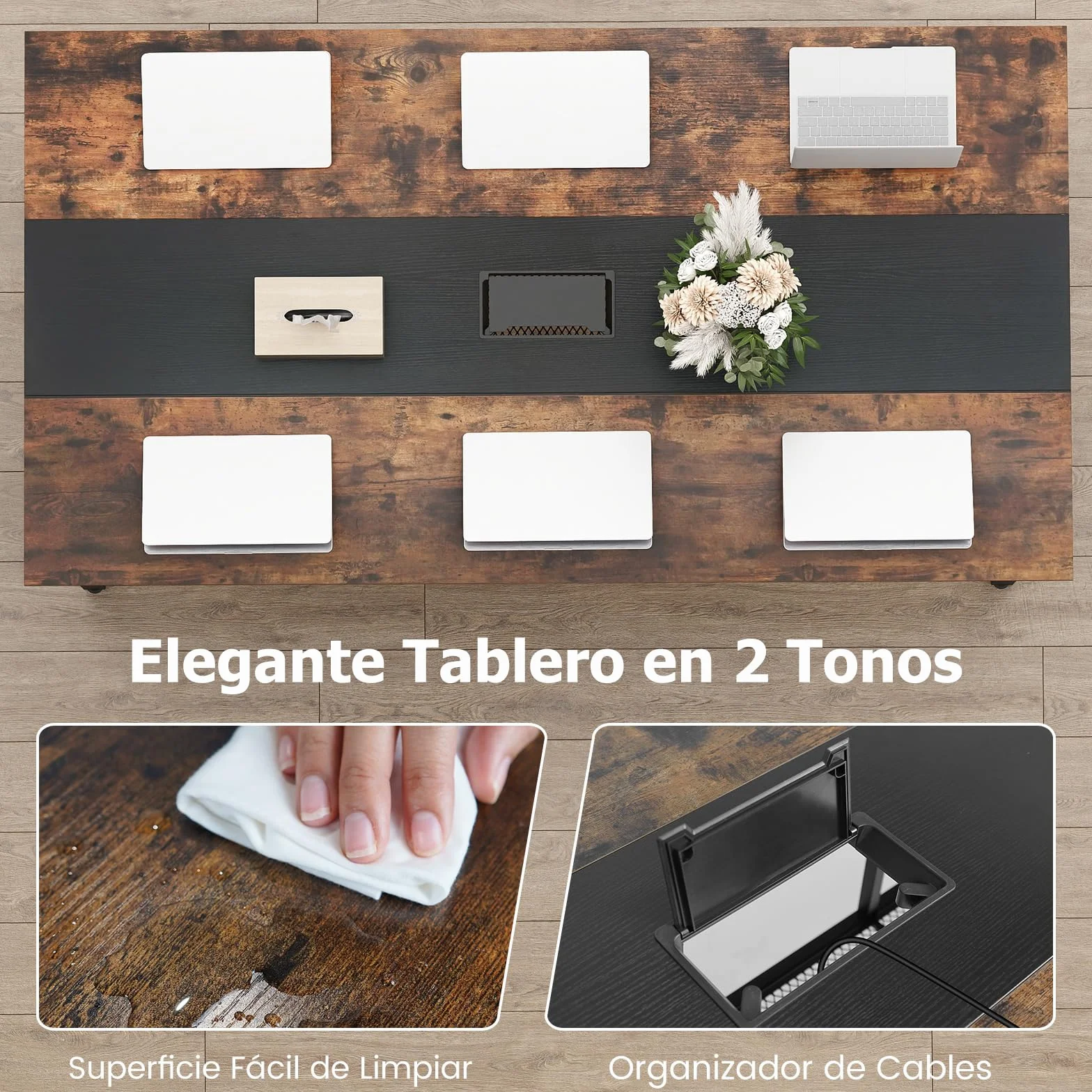 COSTWAY Mesa Rectangular para Reuniones 6-8 Personas, Mesa de Conferencias con Estante de Malla y Pasacables, Escritorio Industrial con Estructura Metálica, Oficina Sala, 180 x 96 x 76 cm