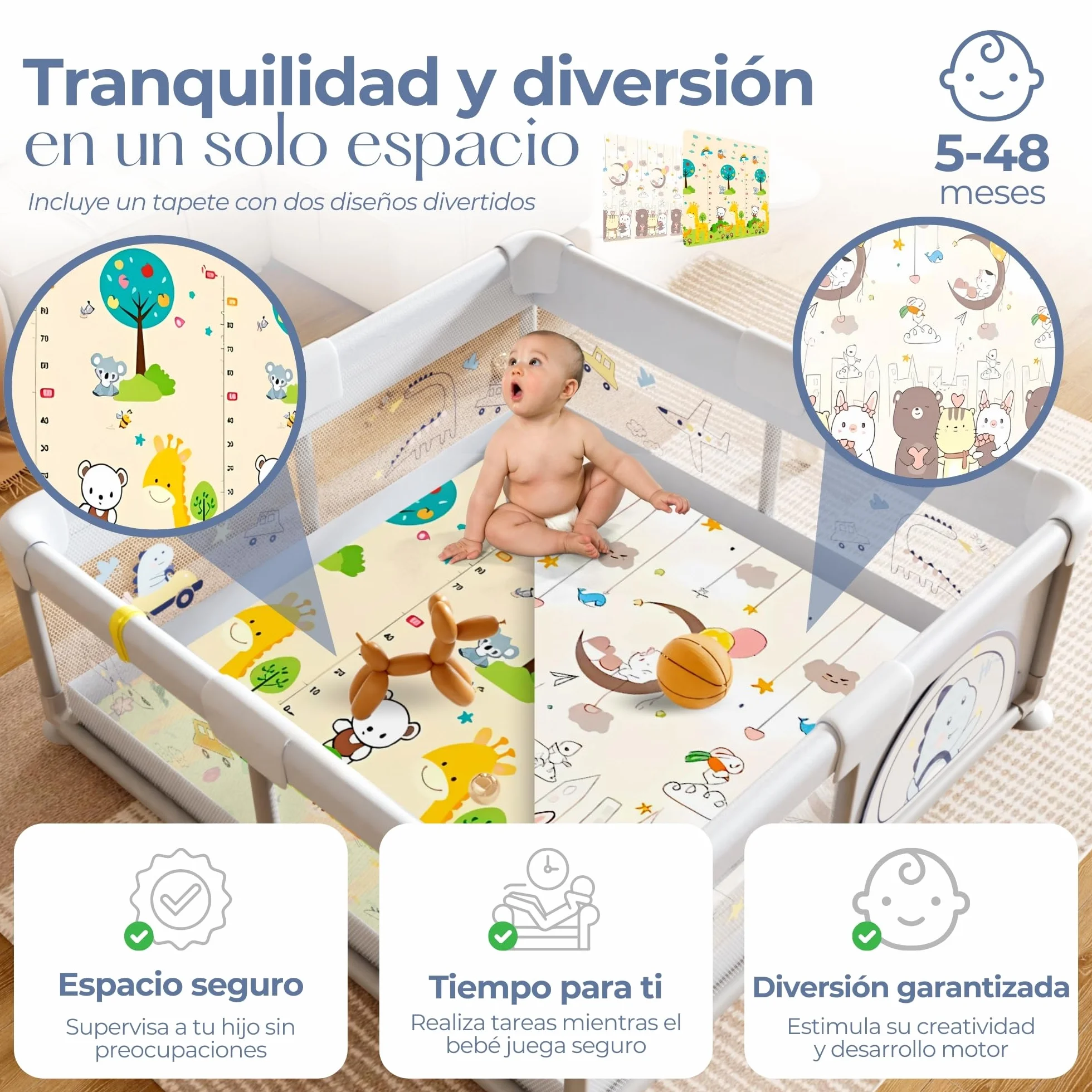PARVULI Parque Infantil Bebe 120x120cm con Alfombra Acolchada, 6 Agarraderas, Canasta, Bolsa — Corralito Bebe Casa Malla Transpirable