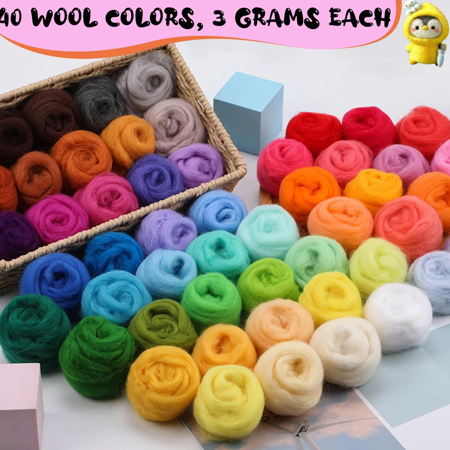 40 Colores Lana de Fieltro Lana Gruesa Fieltro Kit Inicio Aguja Fieltro Seco y HúMedo Oveja Natural Cardada Merino Cuento Hadas para Niños Principiantes Mano Creativos Manualidades Bricolaje